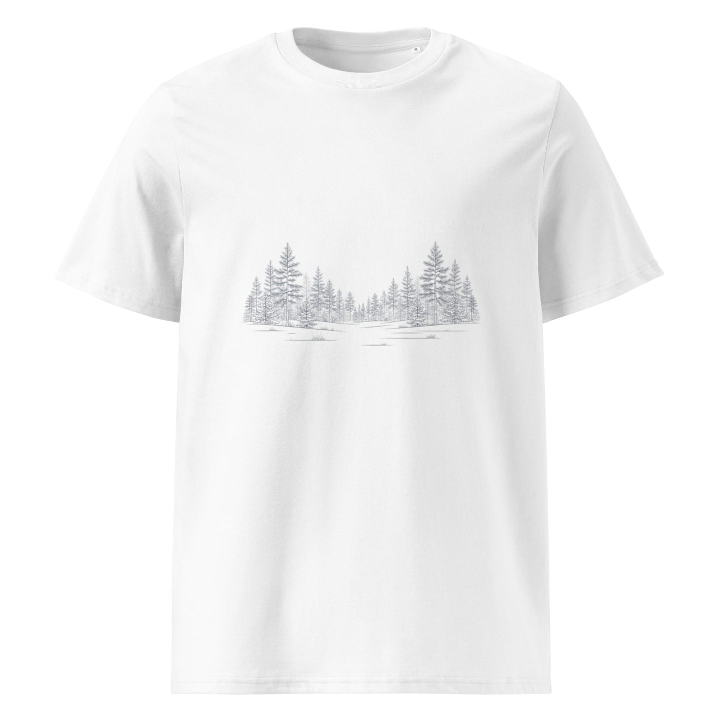 Sustainable white organic cotton t-shirt with minimalist Nordic pine forest graphic by Novapuro.
