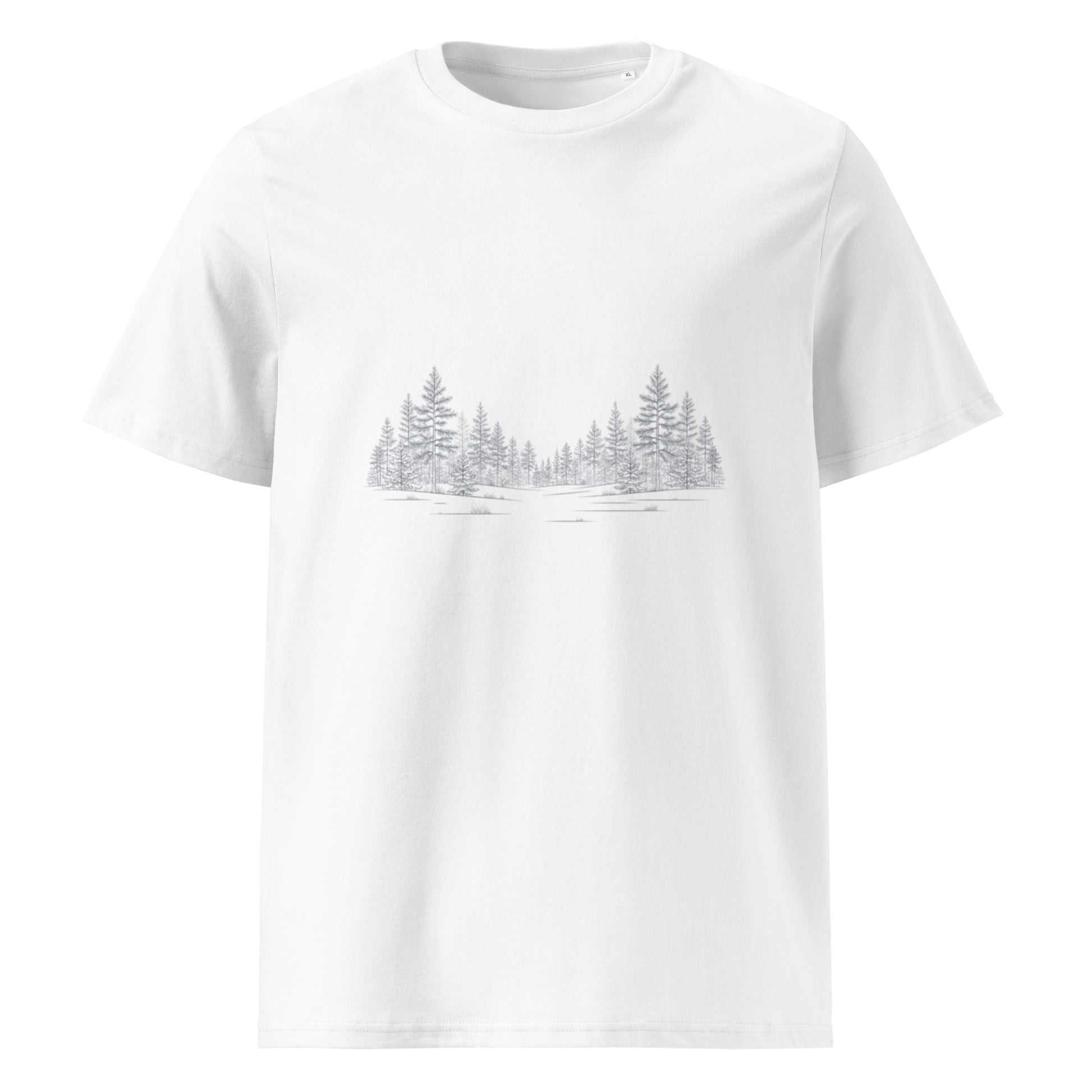 Sustainable white organic cotton t-shirt with minimalist Nordic pine forest graphic by Novapuro.