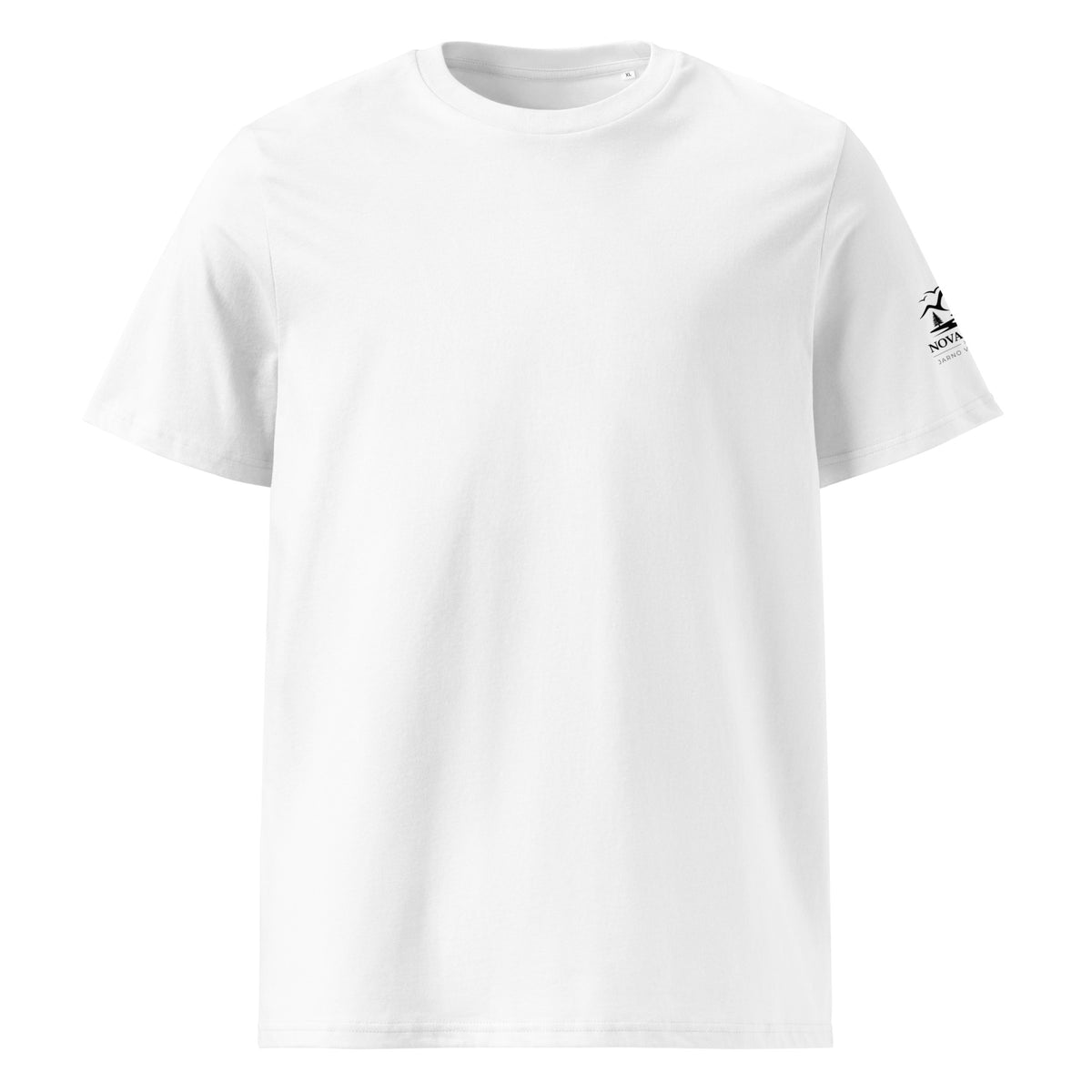 Front view of the white minimalist organic cotton t-shirt by Novapuro.
