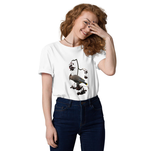 Premium organic cotton t-shirt in white featuring a fine art nature photograph of a Nordic Bohemian waxwing from the Tarja x Novapuro collection.