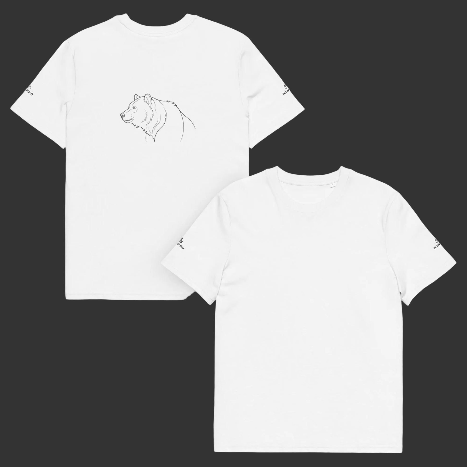 A premium heavy white organic cotton t-shirt featuring a black line art drawing of a Nordic bear on the back and brand logos on the sleeves.