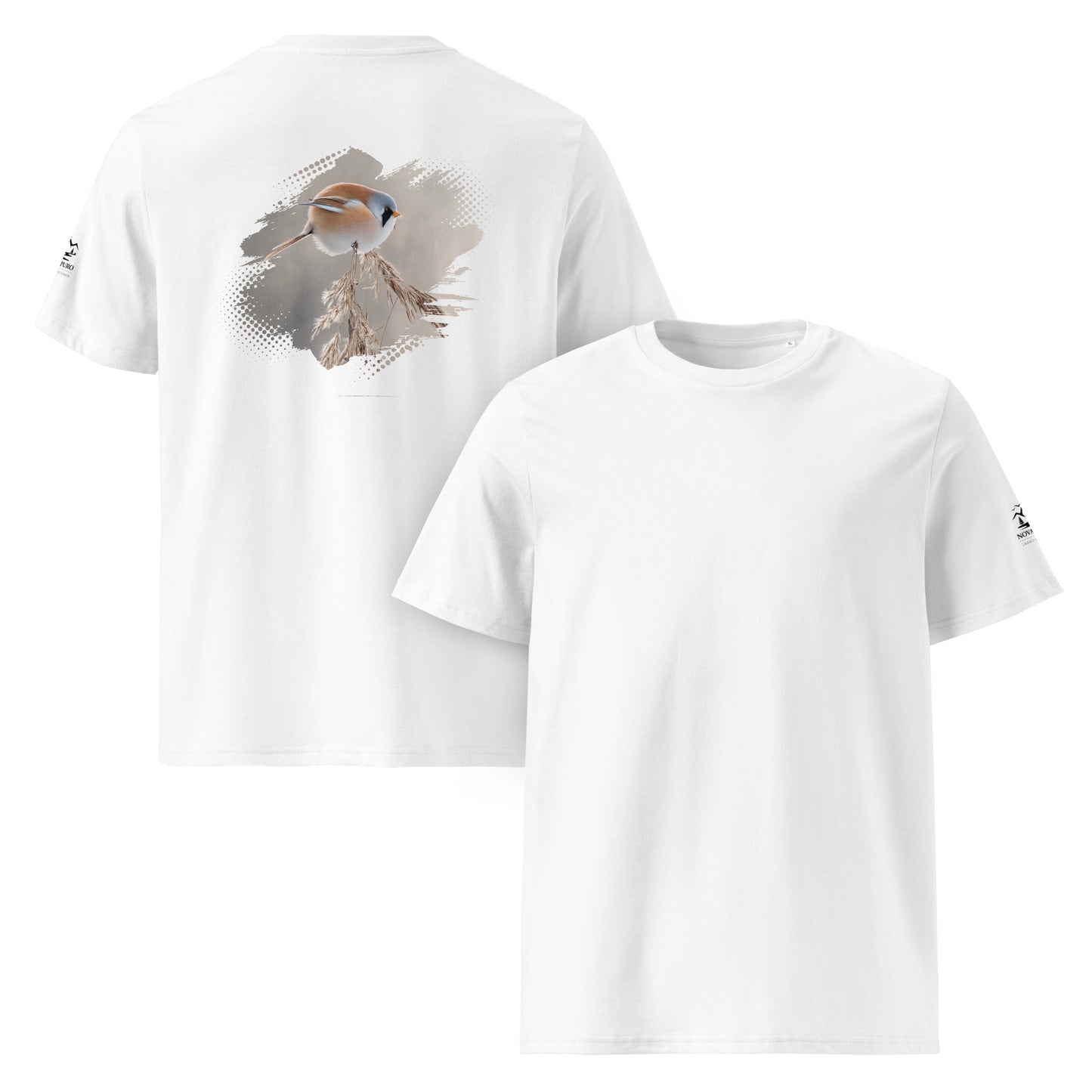 Front and back view of a white organic ring-spun cotton t-shirt featuring a charming Nordic bird illustration. Ethically manufactured sustainable apparel.