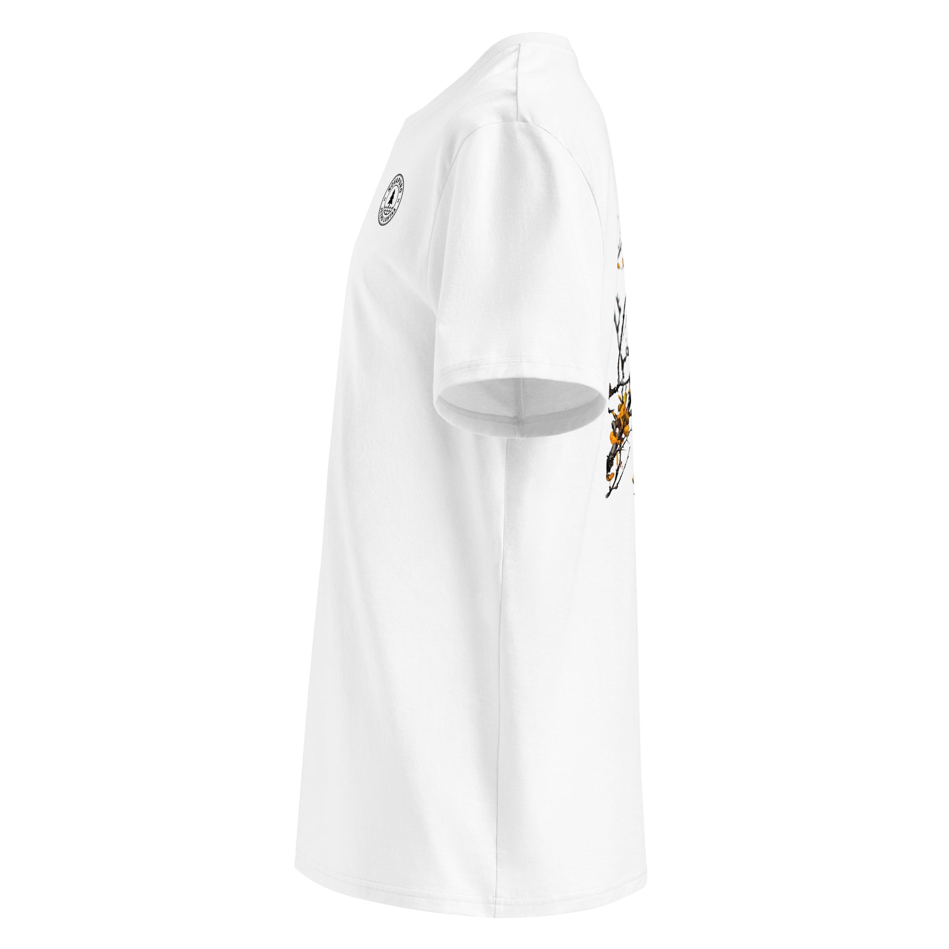 Side angle showing the comfortable medium fit and set-in sleeves of the sustainable white owl graphic tee