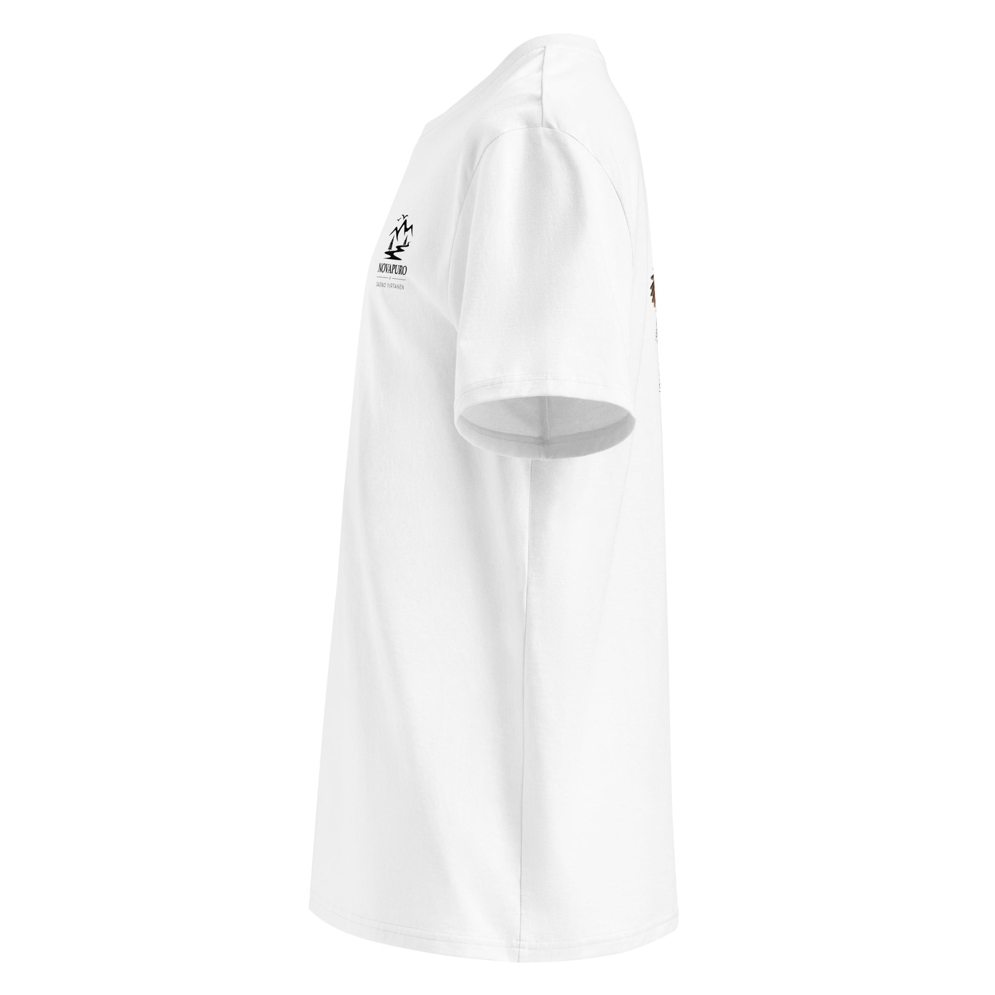 Side profile view of the unisex white organic cotton t-shirt by Novapuro, premium eco-friendly streetwear