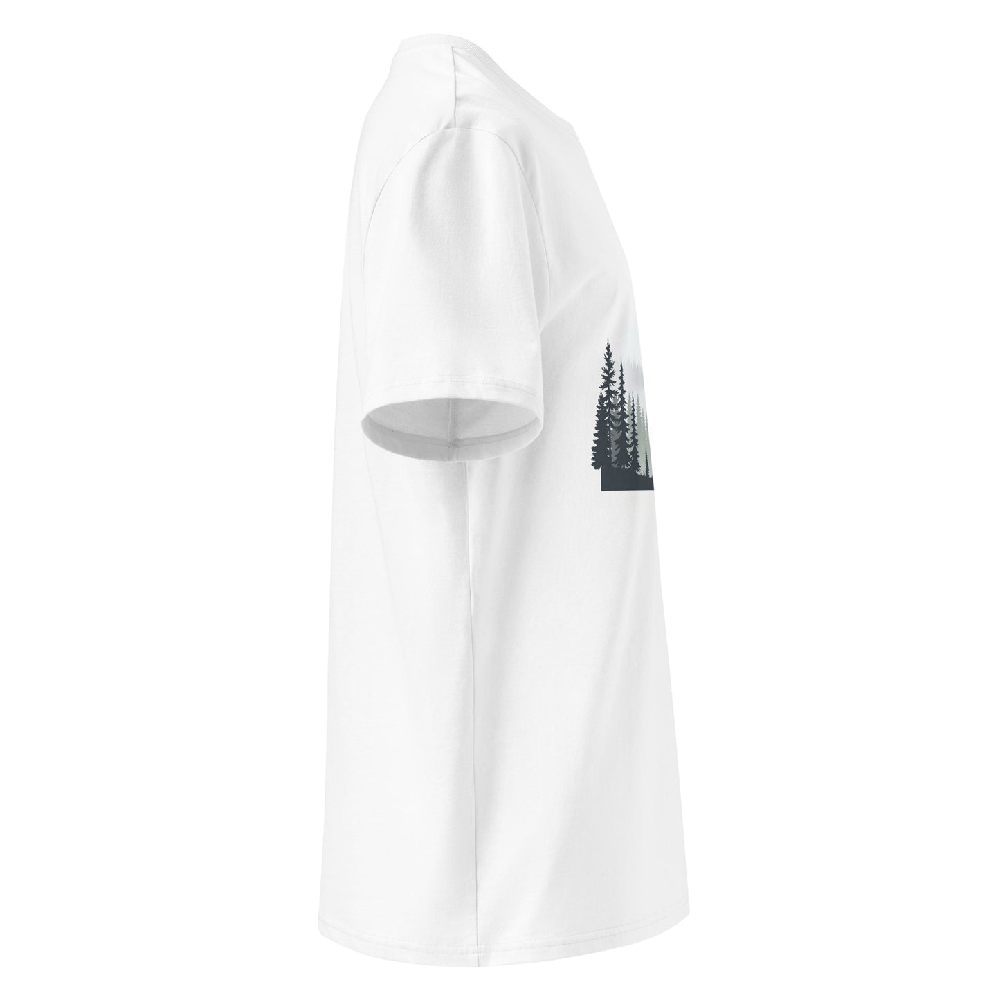 Side view and sleeve fit of the Novapuro Misty Pines sustainable organic t-shirt.