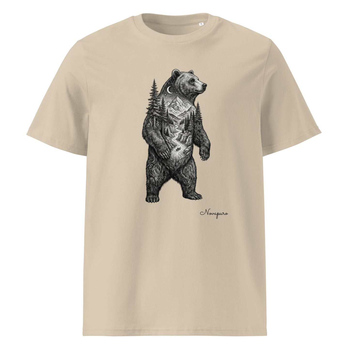 Novapuro Spirit Bear Organic Tee. Detailed double exposure illustration of a grizzly bear with a Nordic forest landscape inside. Premium sustainable 100% organic cotton t-shirt.