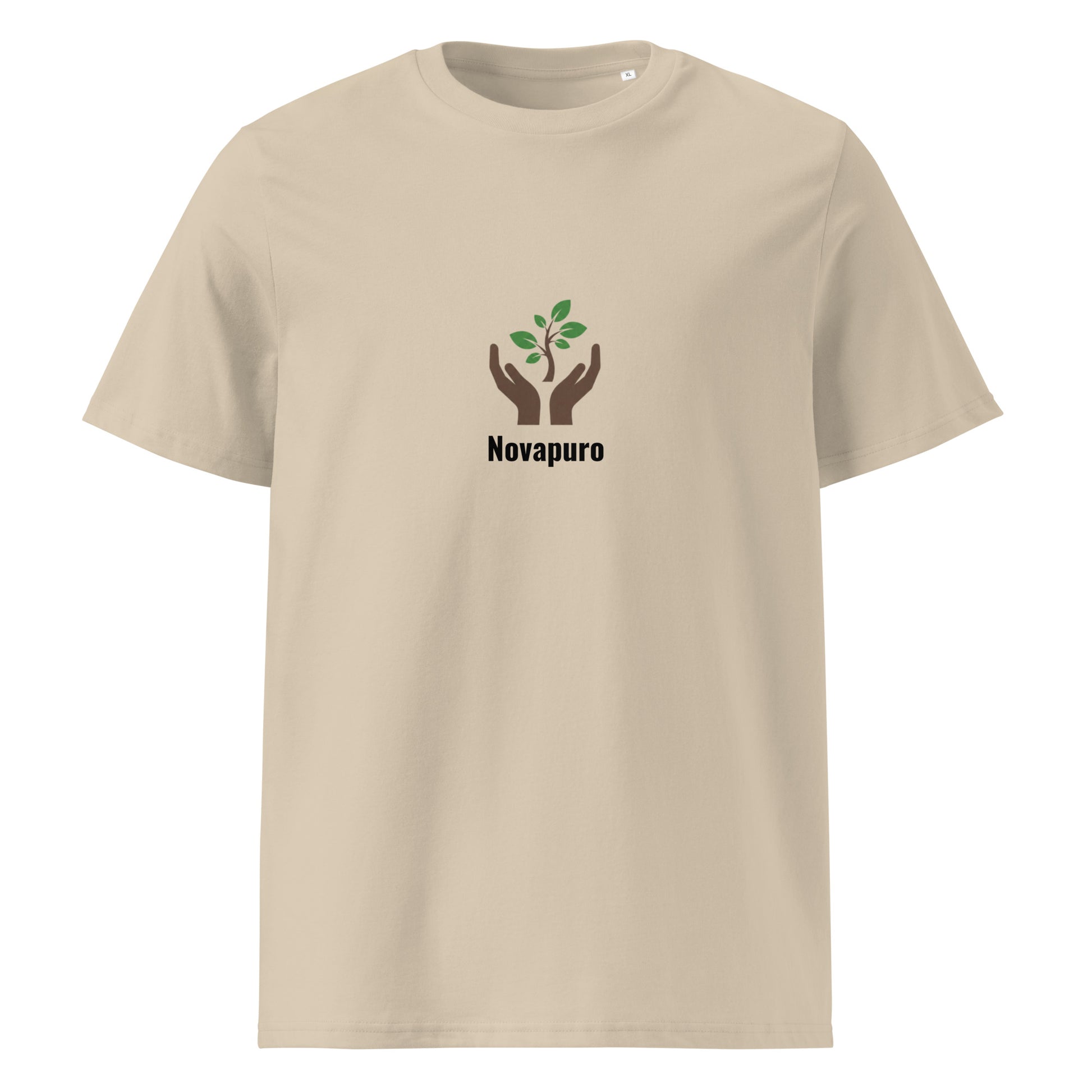 A minimalist Novapuro logo showing brown hands holding a green tree sapling on a sand-colored organic cotton t-shirt.