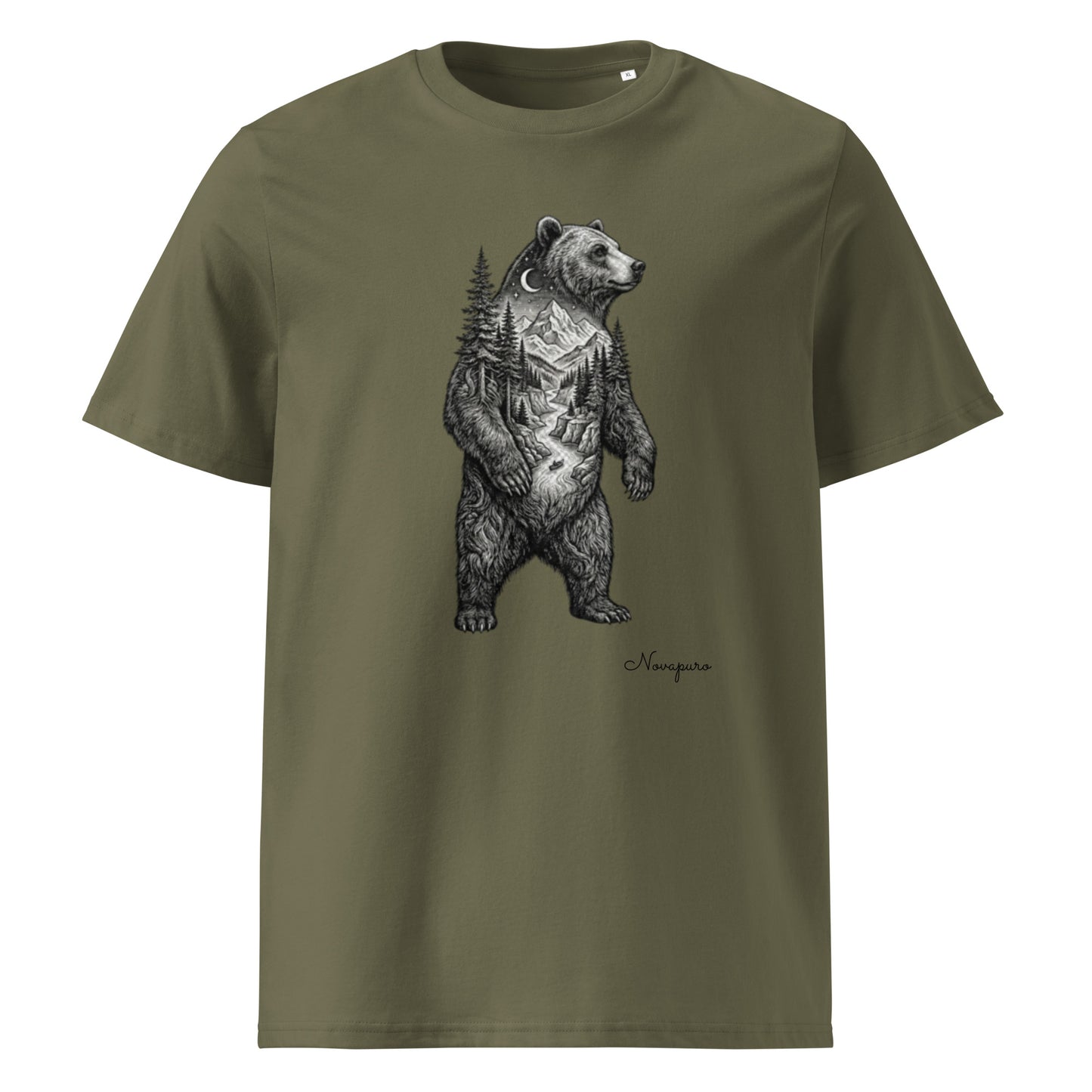 Novapuro Spirit Bear Organic Tee. Detailed double exposure illustration of a grizzly bear with a Nordic forest landscape inside. Premium sustainable 100% organic cotton t-shirt.