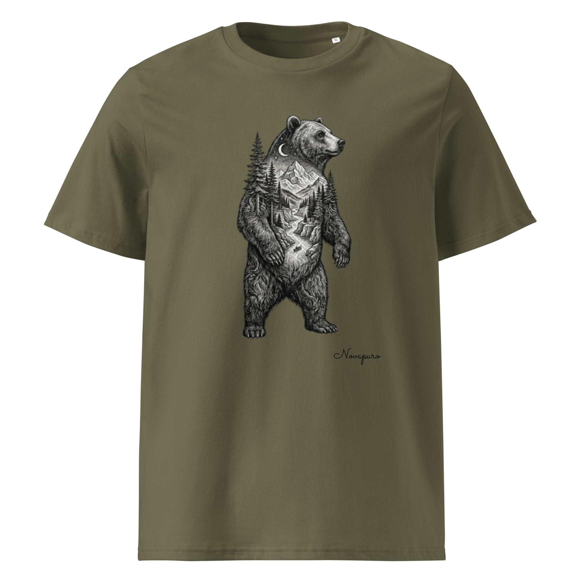 Novapuro Spirit Bear Organic Tee. Detailed double exposure illustration of a grizzly bear with a Nordic forest landscape inside. Premium sustainable 100% organic cotton t-shirt.