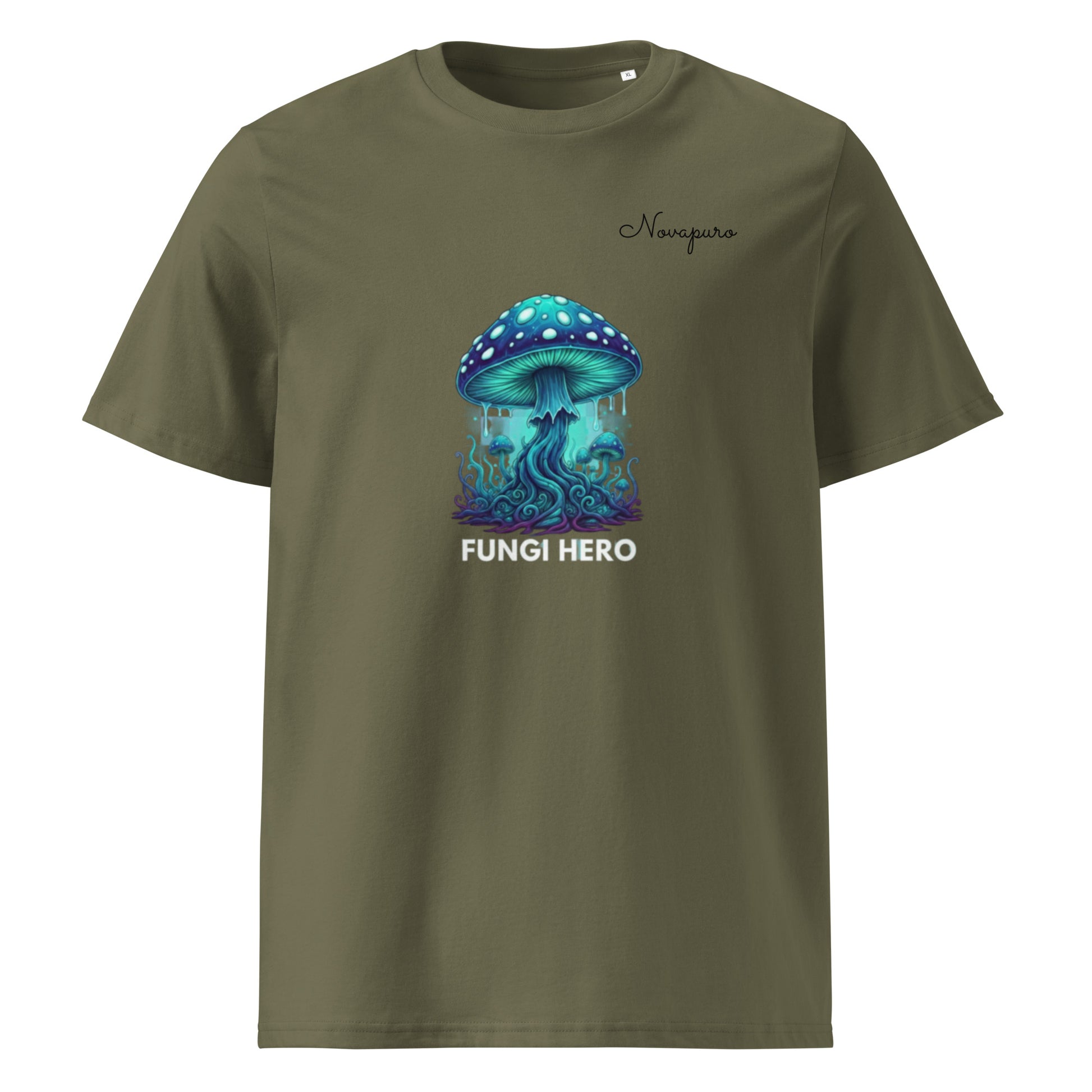 Khaki-colored organic cotton t-shirt featuring a glowing teal and blue mushroom graphic with the text "FUNGI HERO".