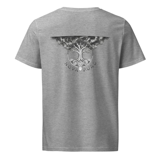 Back view of a male model wearing the grey Novapuro unisex organic mid-light t-shirt, showcasing the mystic Yggdrasil Tree of Life and cosmic rune graphic.