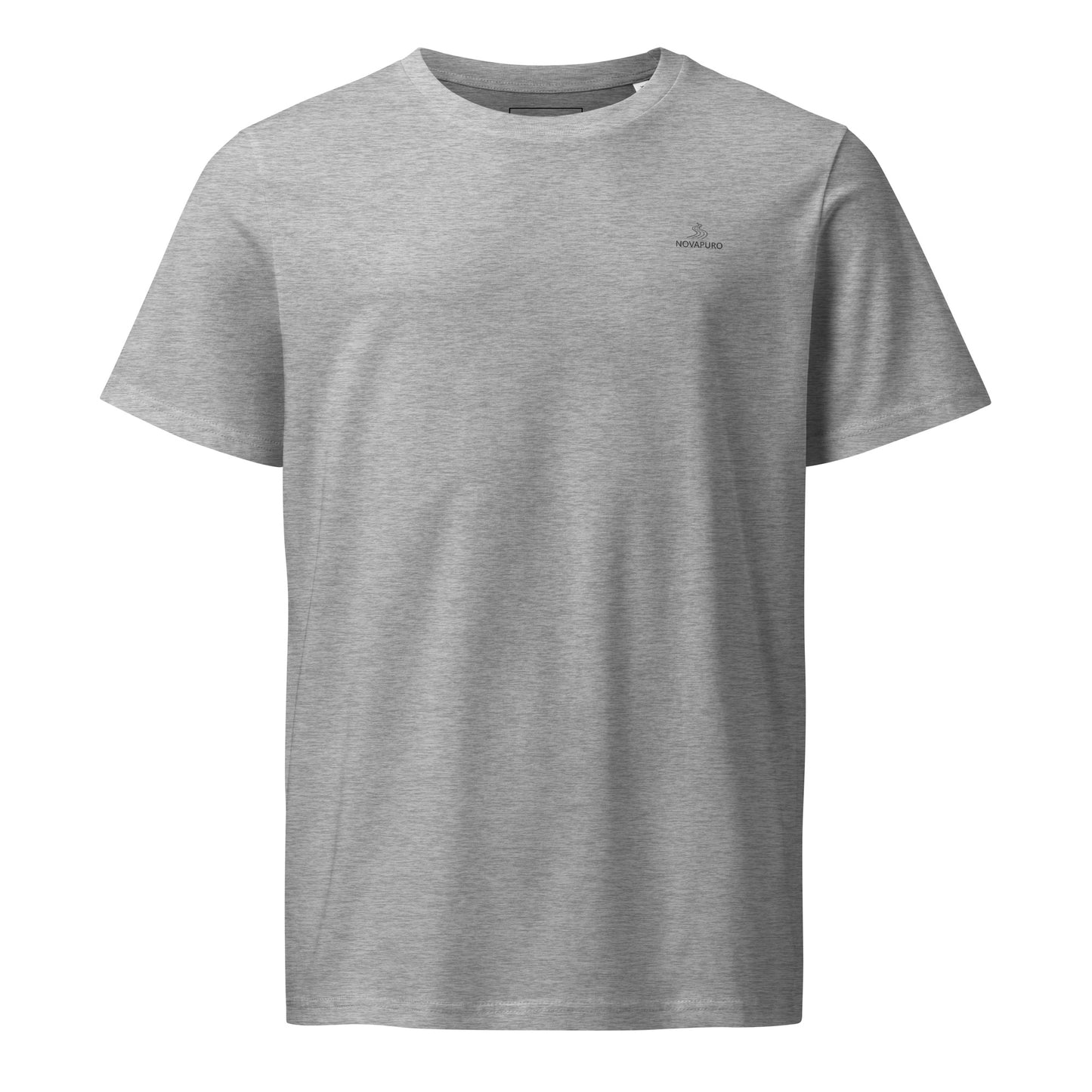 Front view of a male model wearing the sustainable and comfortable grey Novapuro unisex organic cotton tee.