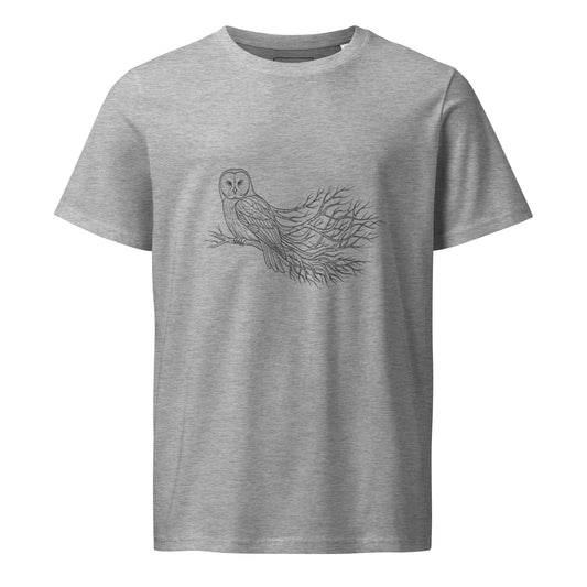 Front view of the minimalist heather grey organic cotton t-shirt featuring a detailed Nordic owl graphic by Novapuro.