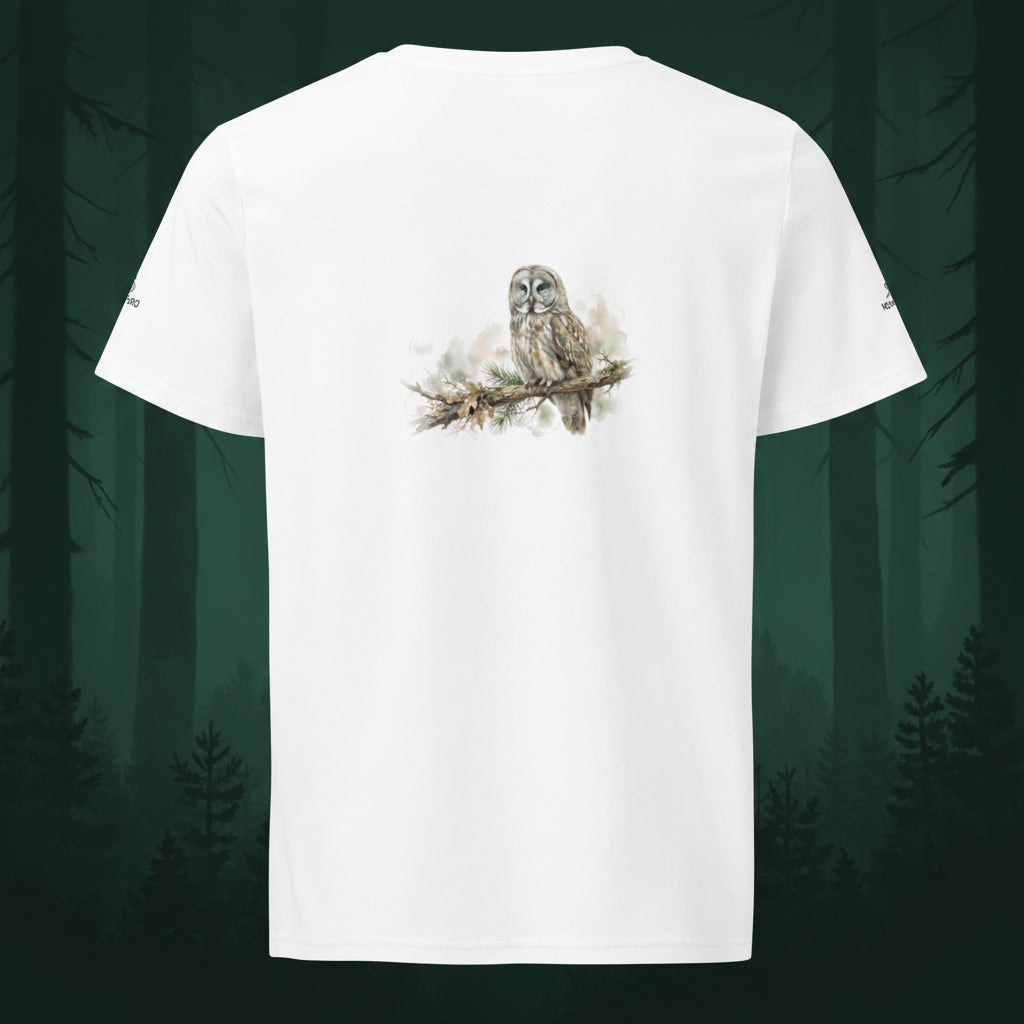 A premium white organic cotton t-shirt featuring a detailed watercolor painting of a Nordic owl on the back and brand logos on the sleeves.
