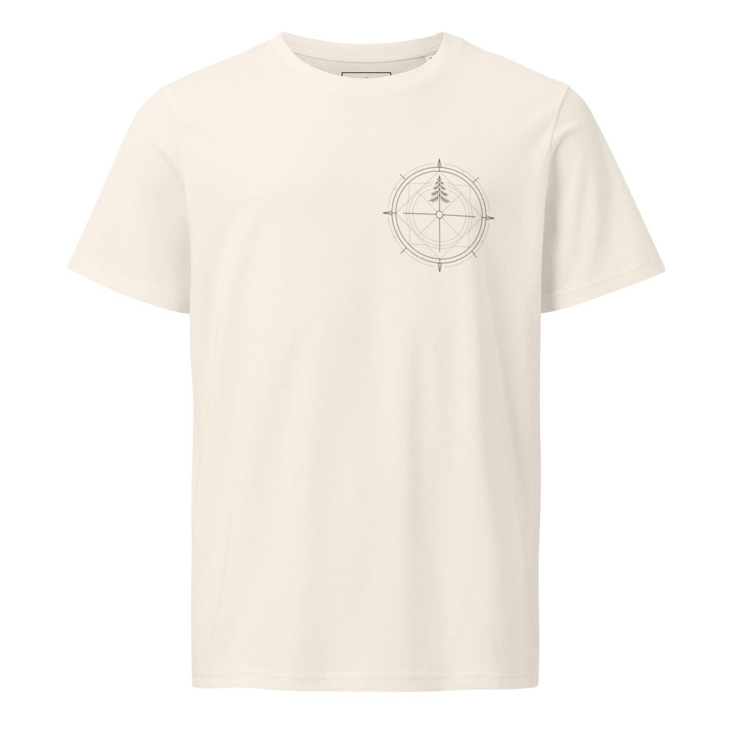 Front view of a cream white organic cotton t-shirt featuring a subtle minimalist compass and pine tree design on the left chest.