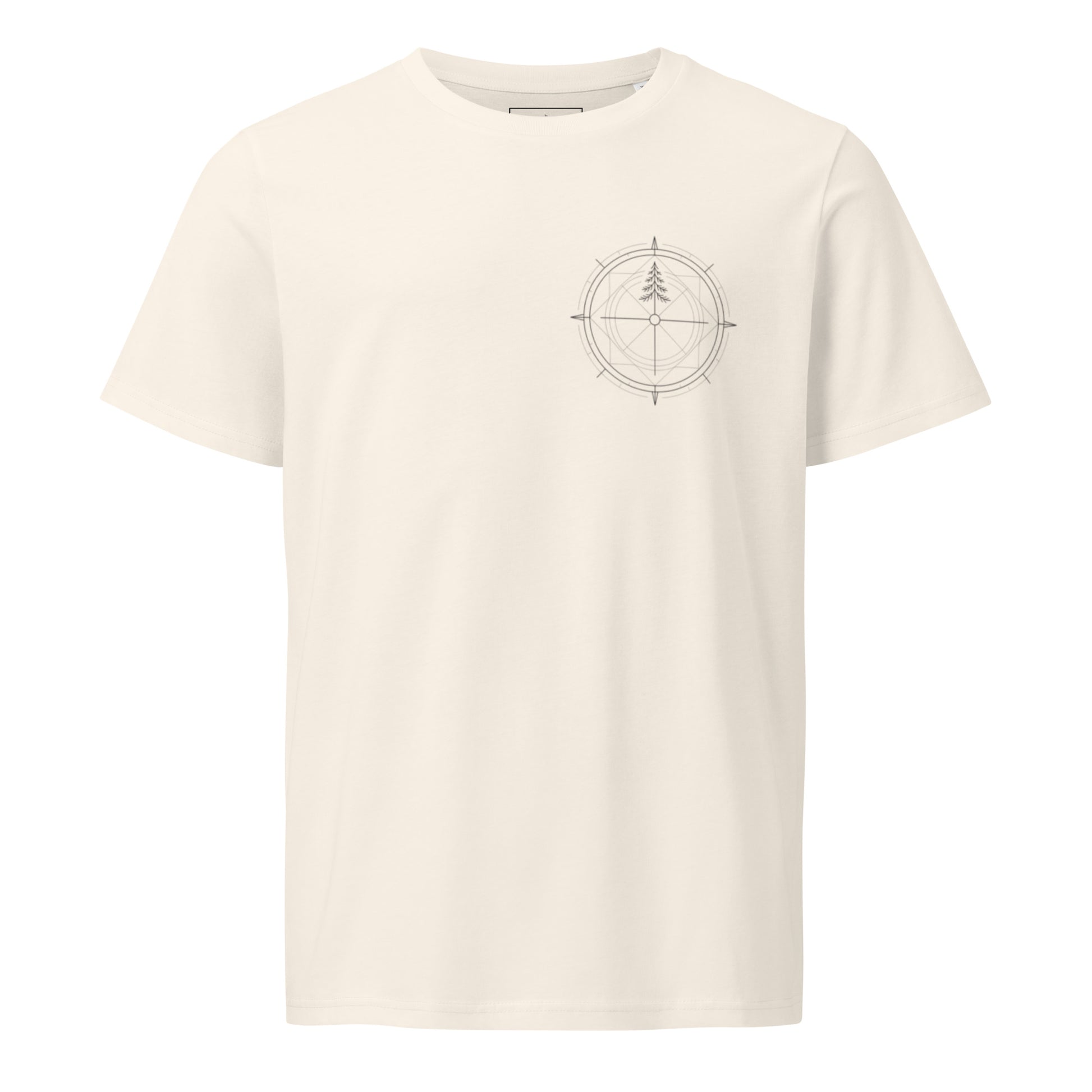 Front view of a cream white organic cotton t-shirt featuring a subtle minimalist compass and pine tree design on the left chest.