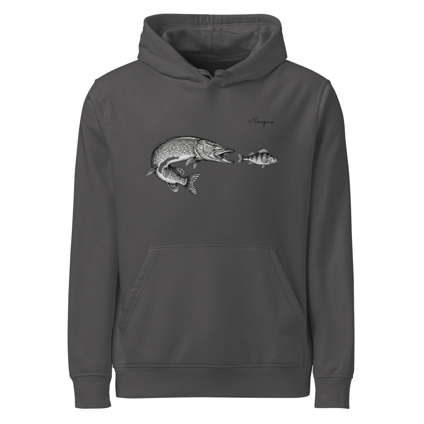 Novapuro organic grey hoodie with a vintage scientific illustration of a pike attacking a perch.