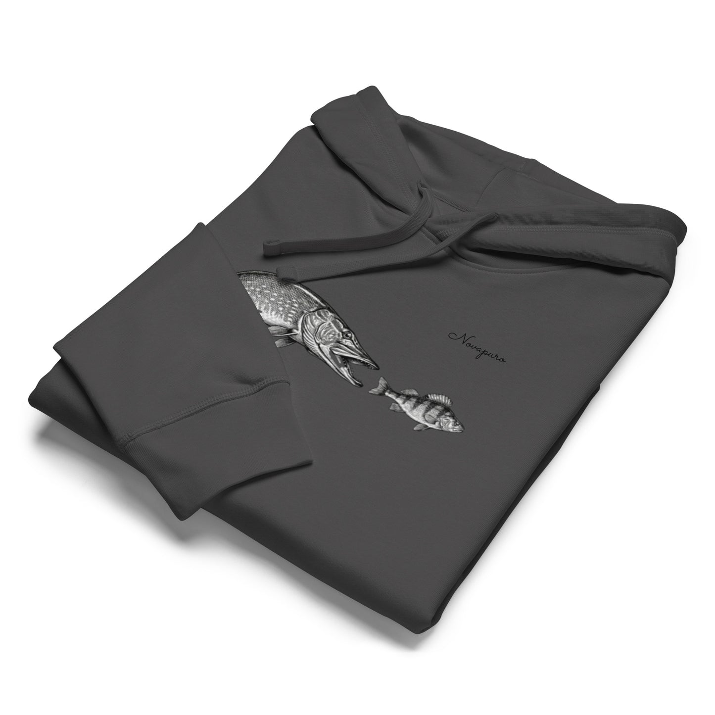 Novapuro organic grey hoodie with a vintage scientific illustration of a pike attacking a perch.