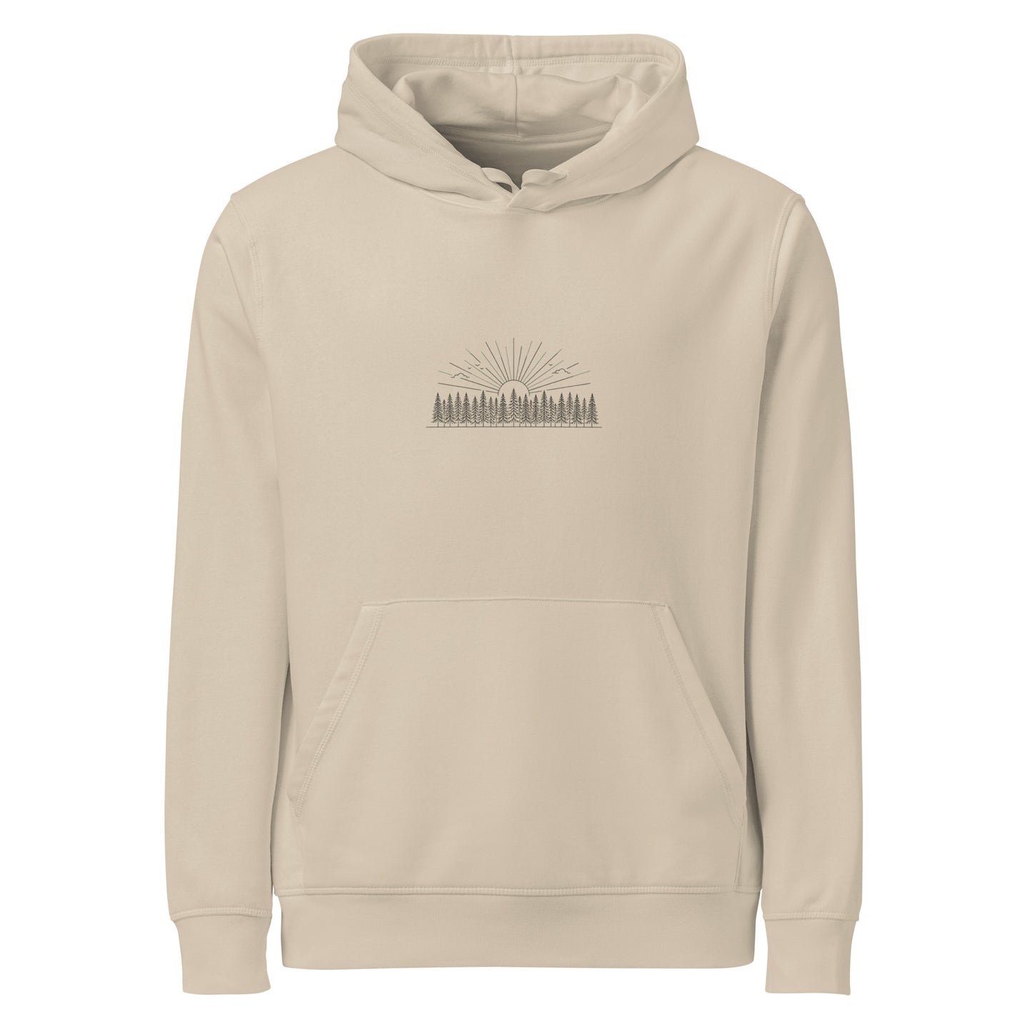 Model wearing a natural beige organic cotton hoodie featuring a minimalist Nordic forest and sunrise graphic by Novapuro