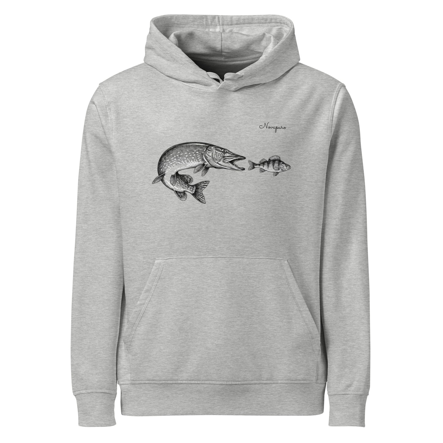 Novapuro organic grey hoodie with a vintage scientific illustration of a pike attacking a perch.