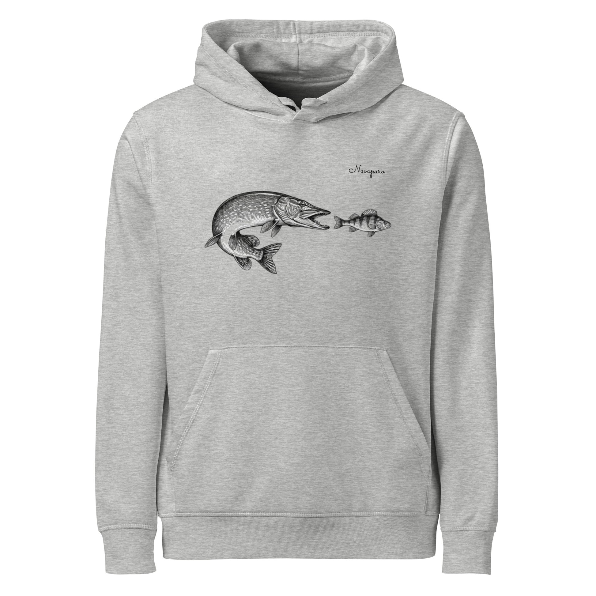 Novapuro organic grey hoodie with a vintage scientific illustration of a pike attacking a perch.