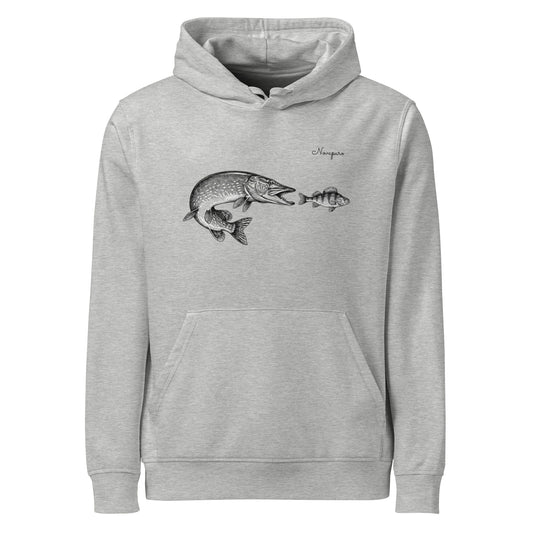 Novapuro organic grey hoodie with a vintage scientific illustration of a pike attacking a perch.