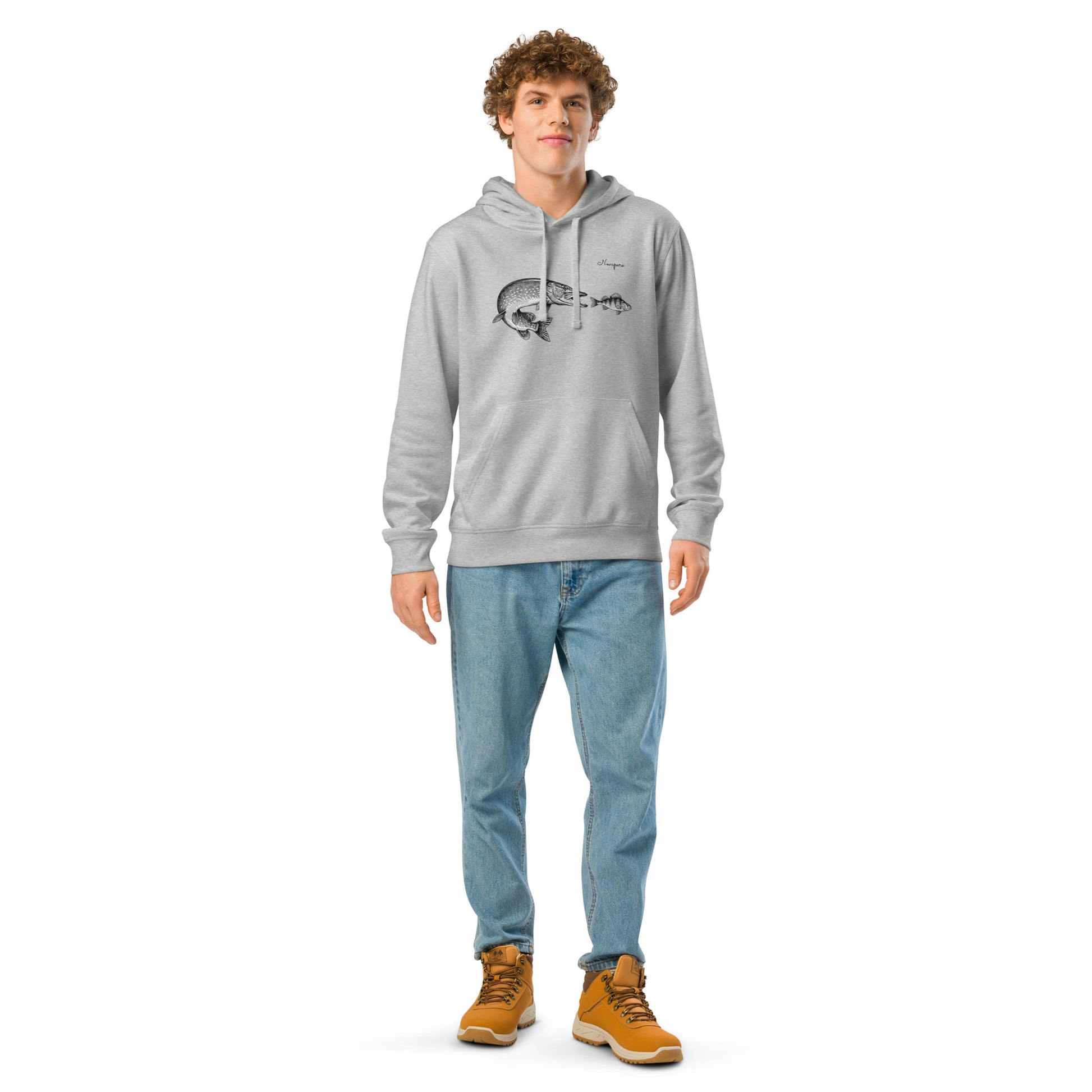 Novapuro organic grey hoodie with a vintage scientific illustration of a pike attacking a perch.