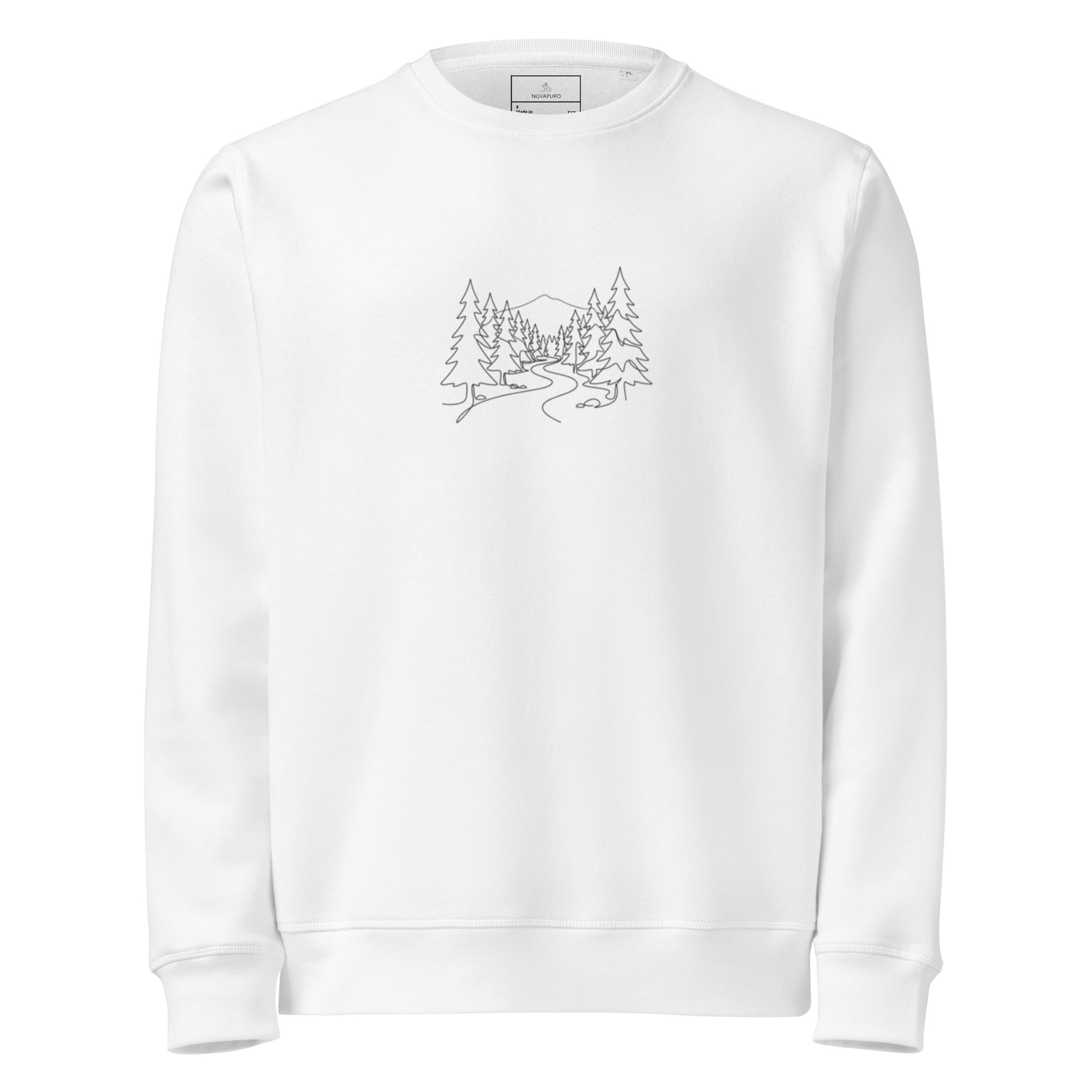 White organic cotton mid-weight sweatshirt featuring a minimalist black line art of a winding Nordic forest path and pine trees.