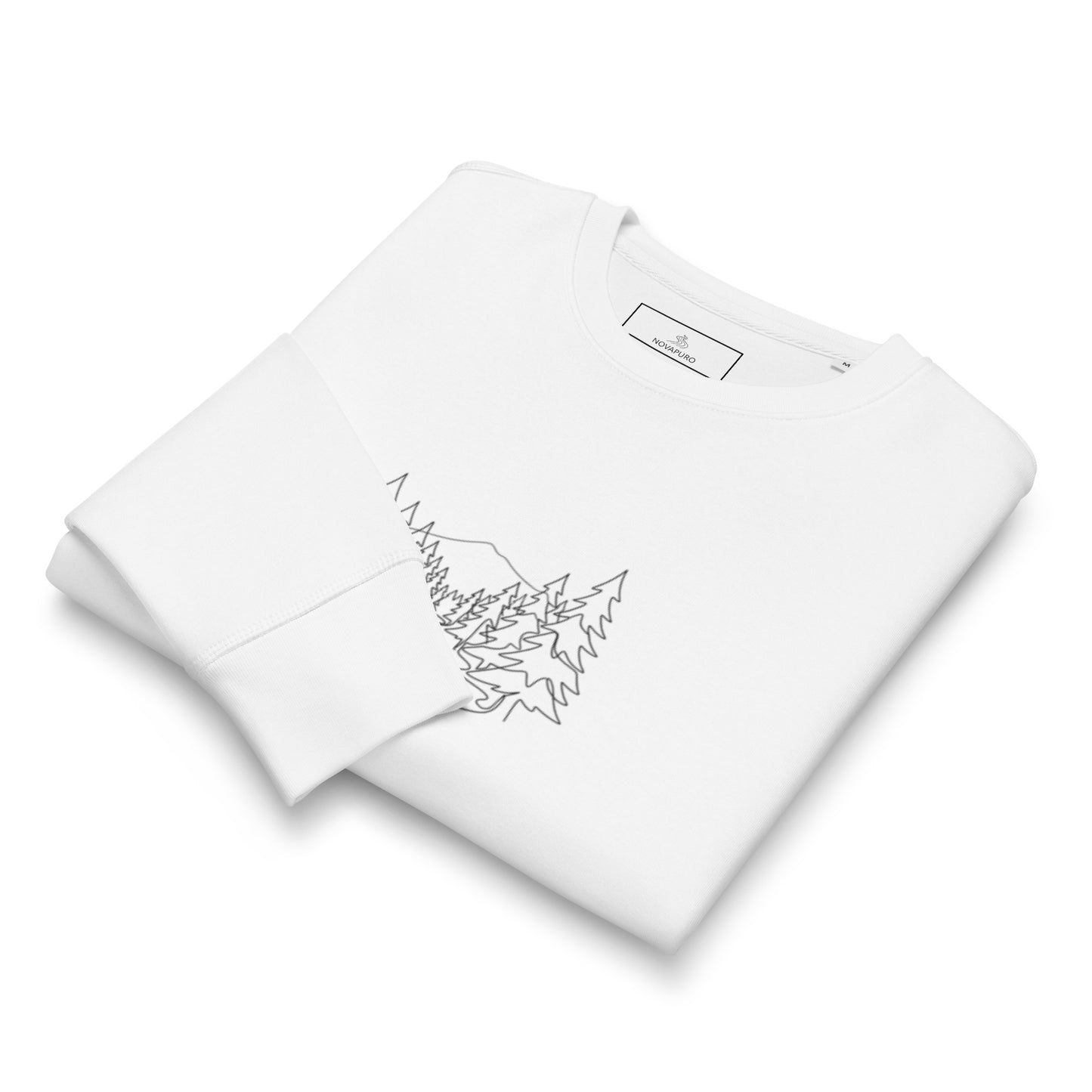 White organic cotton mid-weight sweatshirt featuring a minimalist black line art of a winding Nordic forest path and pine trees.