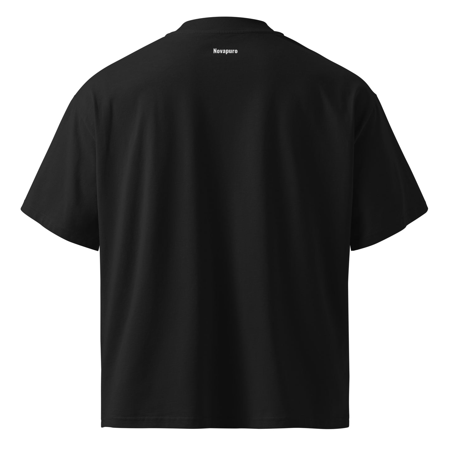 Back view of a plain black organic cotton oversized t-shirt with dropped shoulders.