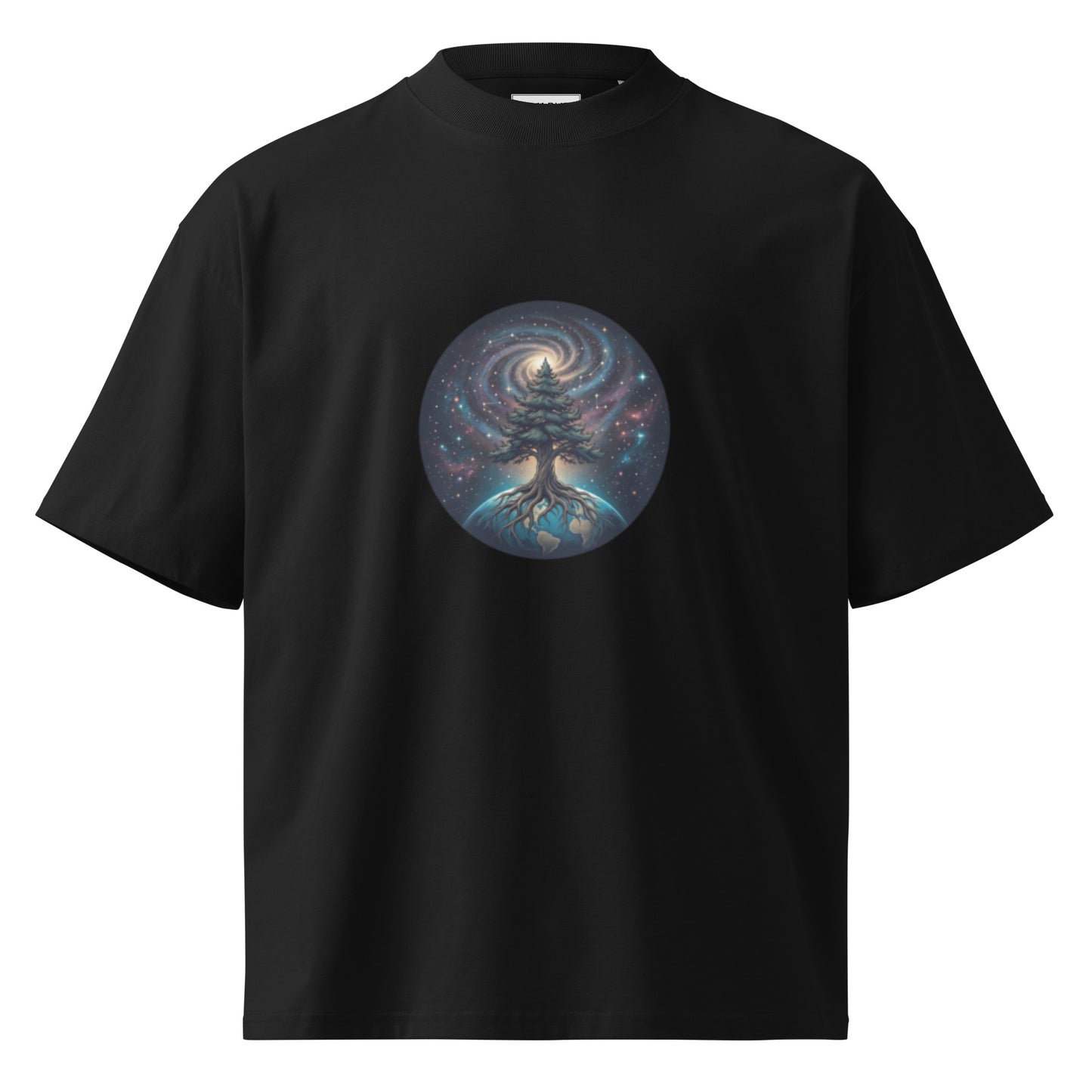 Black unisex organic oversized t-shirt featuring a detailed cosmic tree of life and galaxy illustration on the chest.