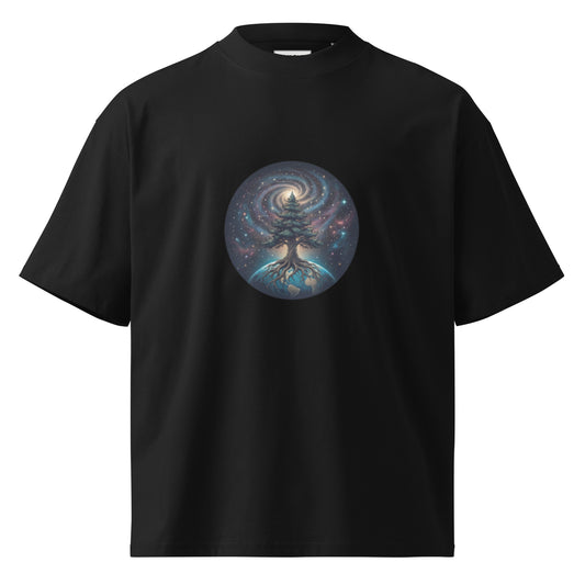 Black unisex organic oversized t-shirt featuring a detailed cosmic tree of life and galaxy illustration on the chest.