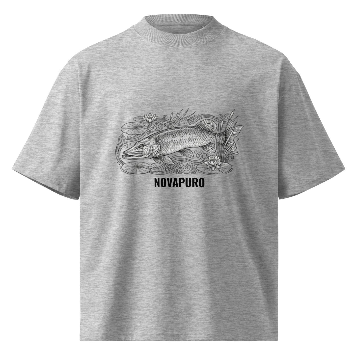 Novapuro oversized high neck t-shirt in grey with large Northern Pike graphic on the front. Organic cotton streetwear.