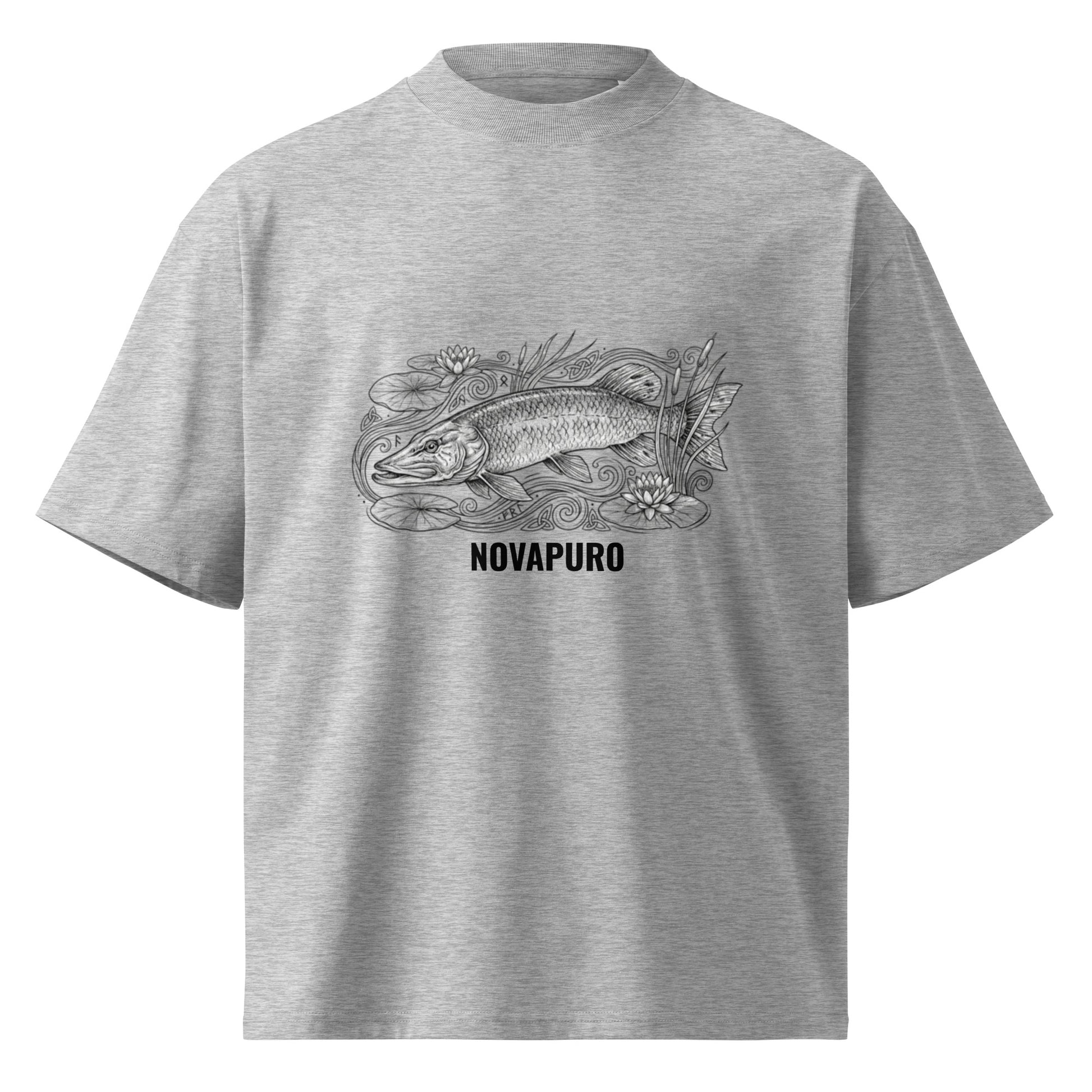 Novapuro oversized high neck t-shirt in grey with large Northern Pike graphic on the front. Organic cotton streetwear.