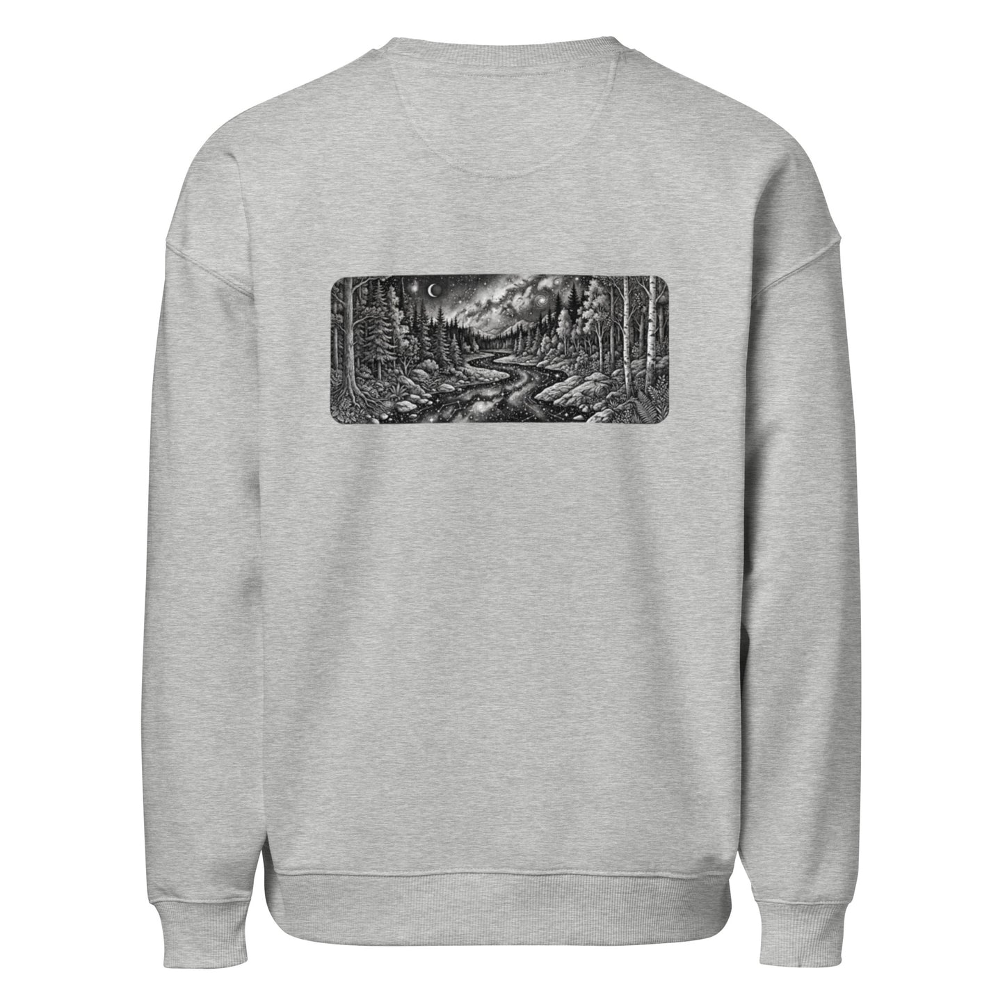 Flat lay back view of the Cosmic Wilderness organic sweatshirt highlighting the intricate nature graphic.