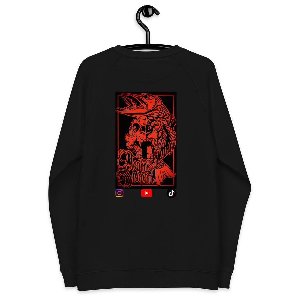 Black Team Snöpäri organic raglan sweatshirt from the back, featuring the bold red classic logo, Novapuro sustainable Nordic streetwear.