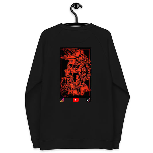 Black Team Snöpäri organic raglan sweatshirt from the back, featuring the bold red classic logo, Novapuro sustainable Nordic streetwear.