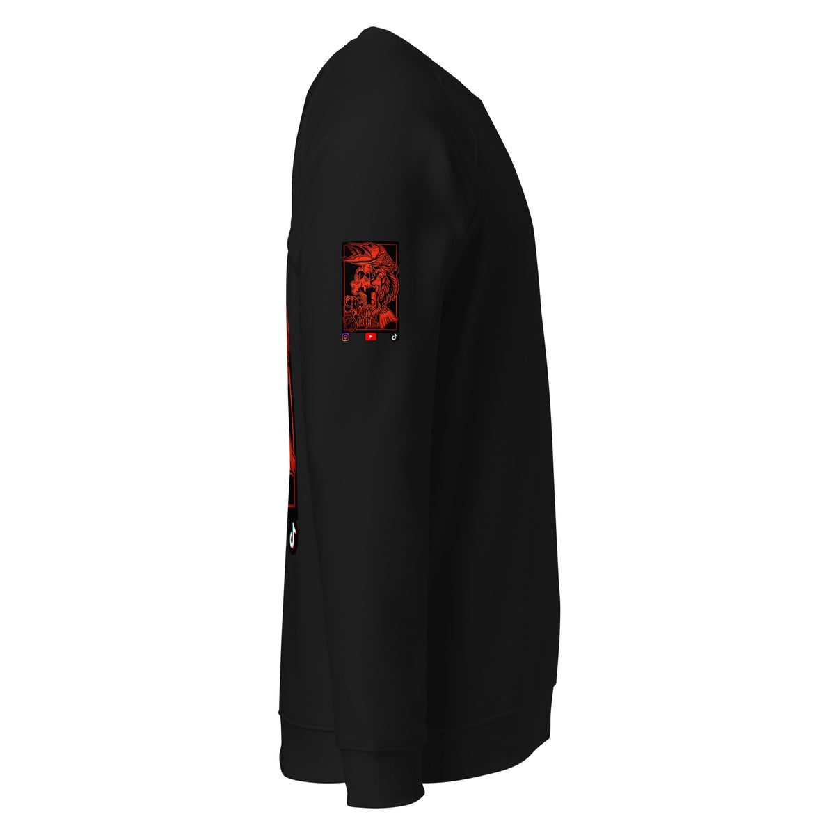 Side view of the black Team Snöpäri raglan sweatshirt showing the smooth organic cotton exterior and sleeve fit.   