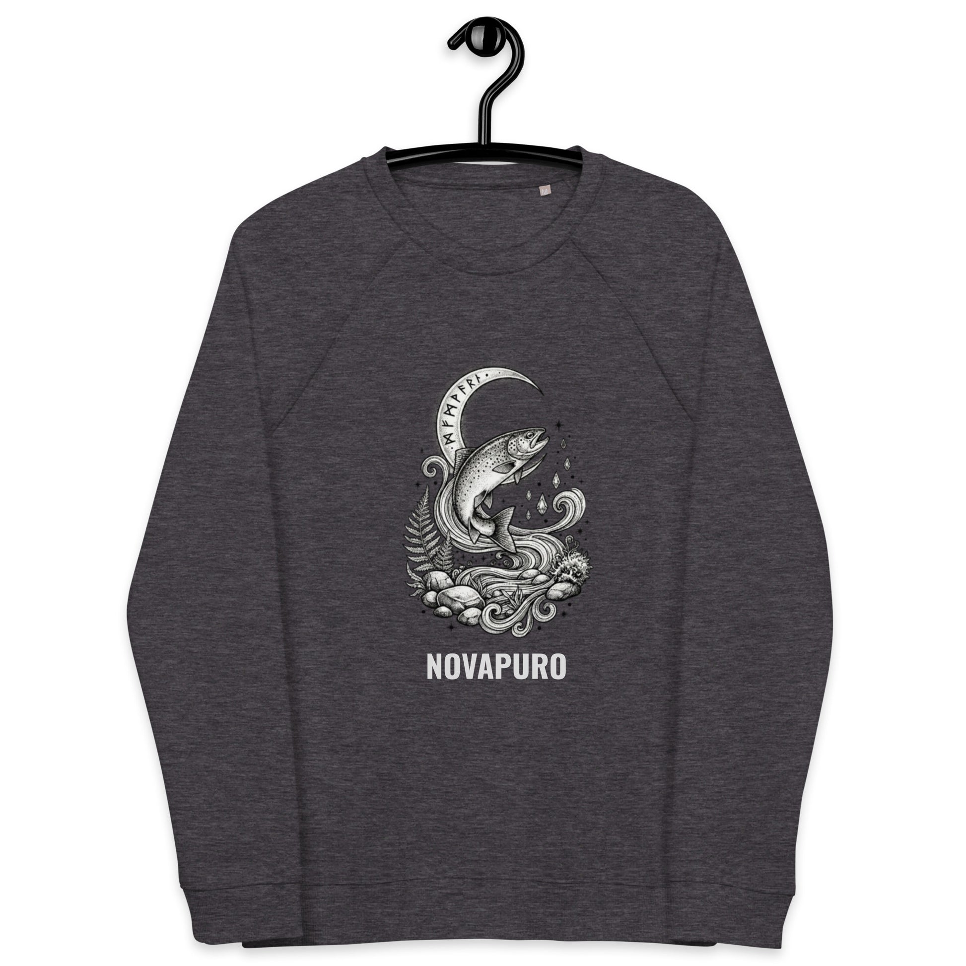 White organic raglan sweatshirt featuring a detailed black and white illustration of a jumping trout fish surrounded by water waves and a runic arch. Novapuro logo text below the graphic.