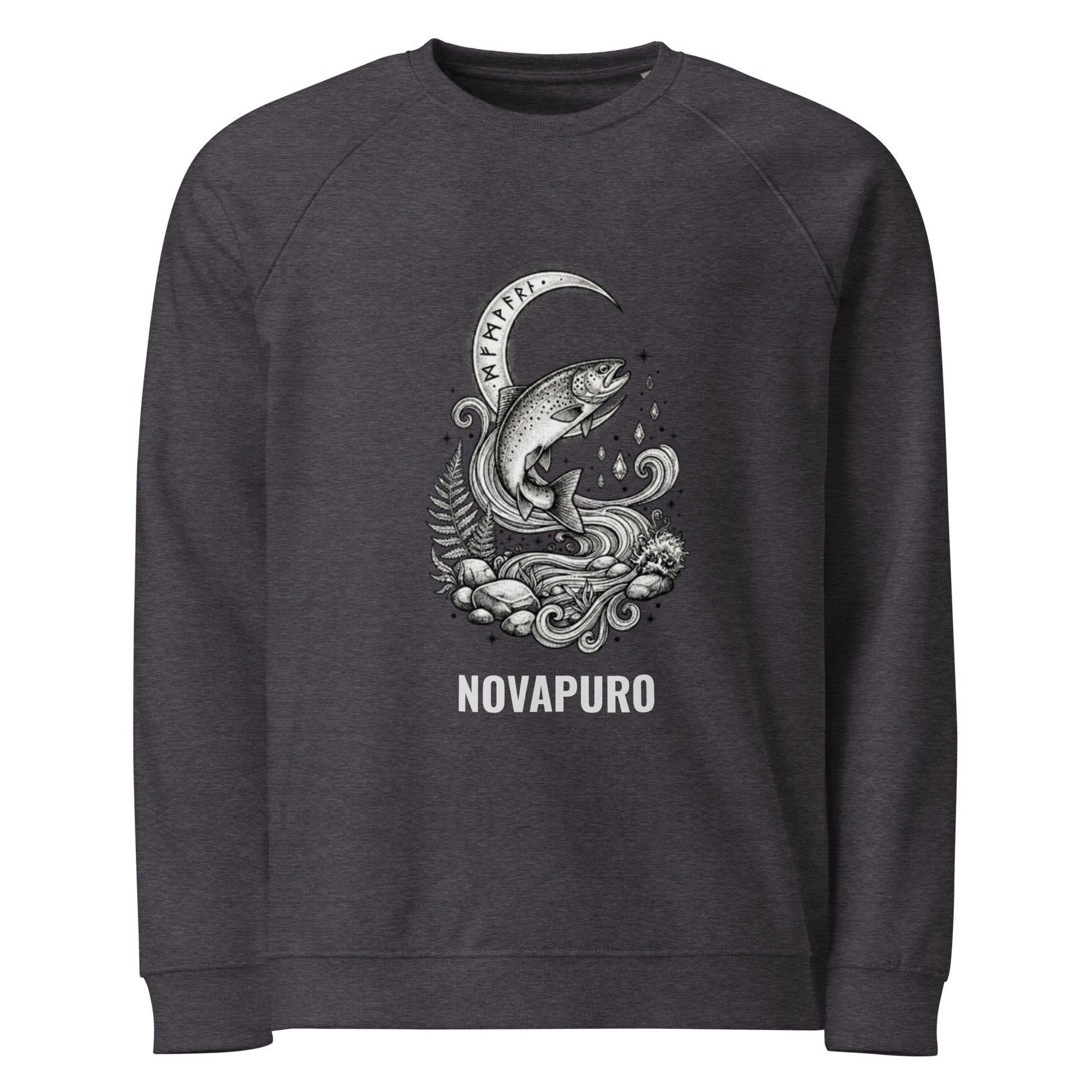 White organic raglan sweatshirt featuring a detailed black and white illustration of a jumping trout fish surrounded by water waves and a runic arch. Novapuro logo text below the graphic.