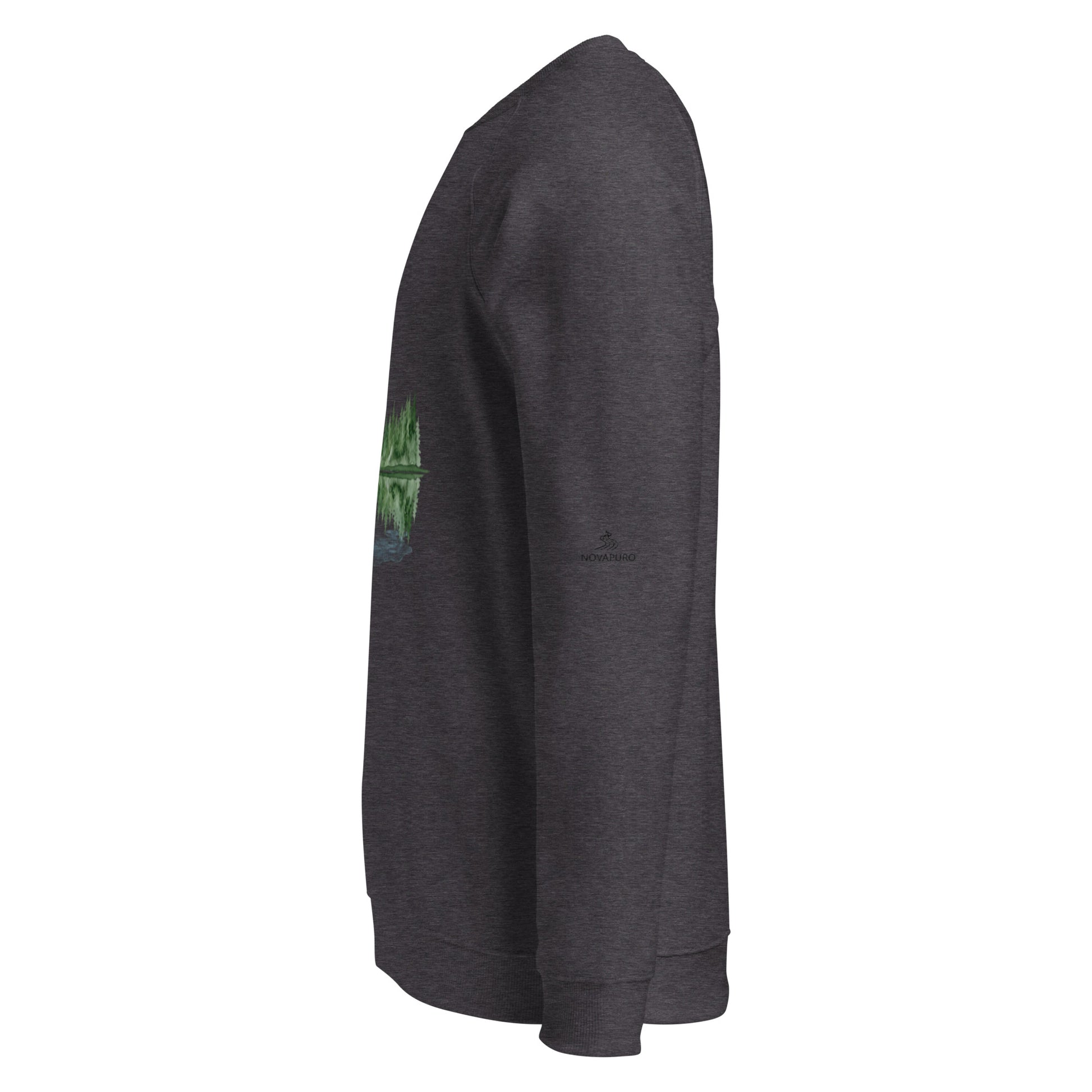 Charcoal Melange Serene Lake organic raglan sweatshirt featuring a peaceful Nordic forest and lake design.