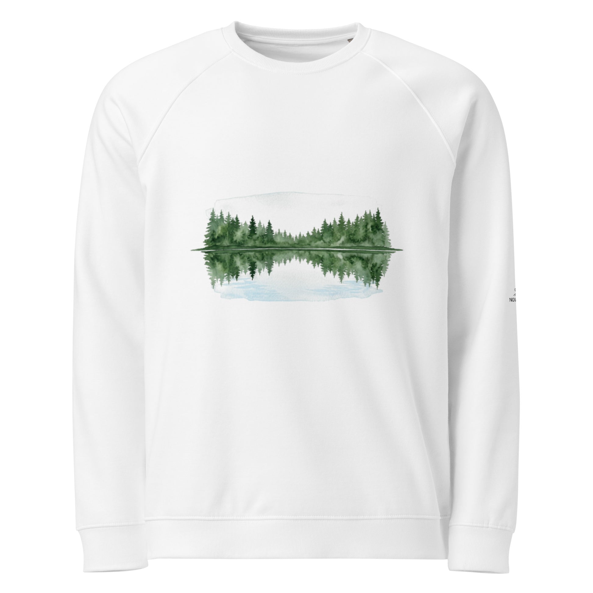 White Serene Lake organic raglan sweatshirt with a minimalist Nordic summer lake landscape print.
