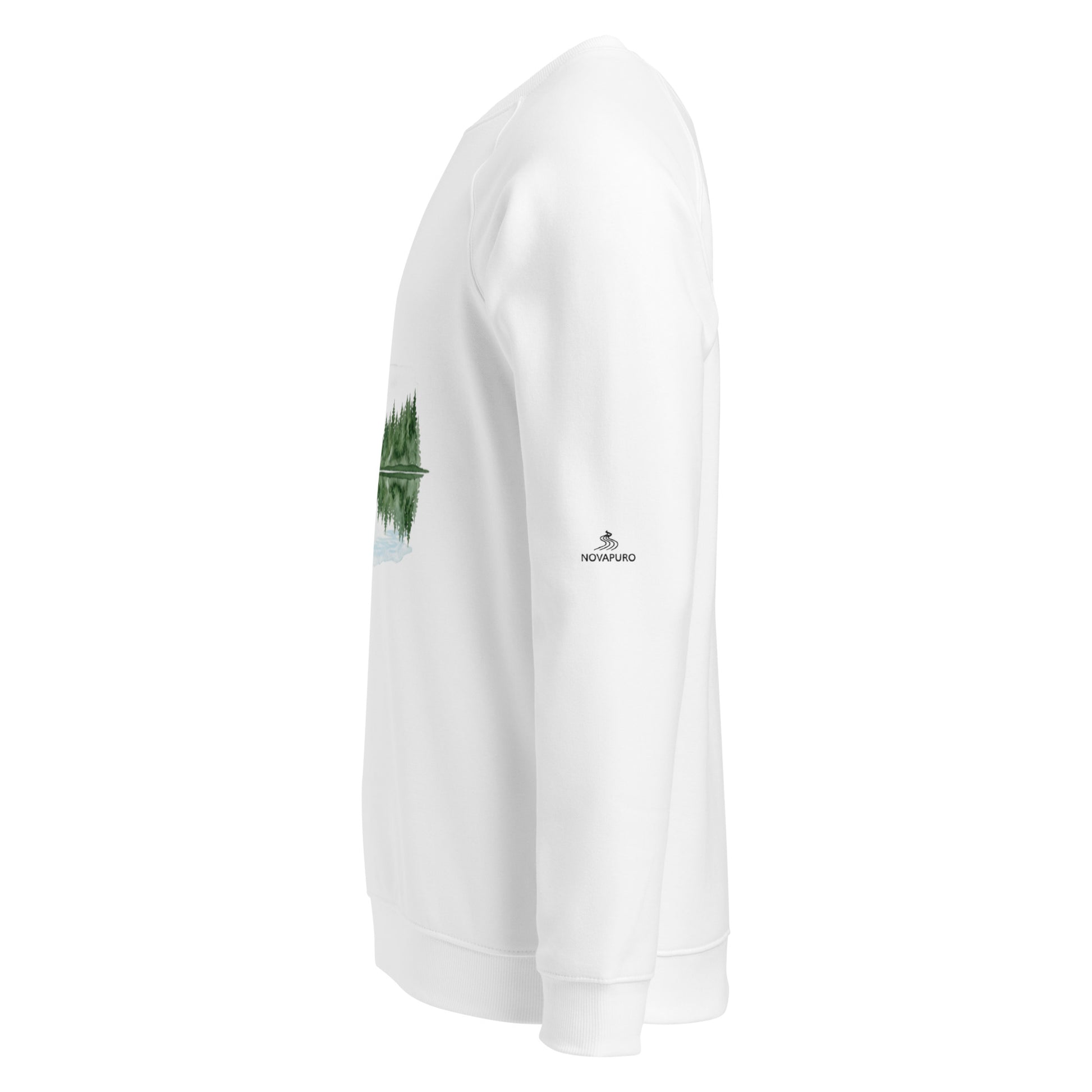 White Serene Lake organic raglan sweatshirt with a minimalist Nordic summer lake landscape print.