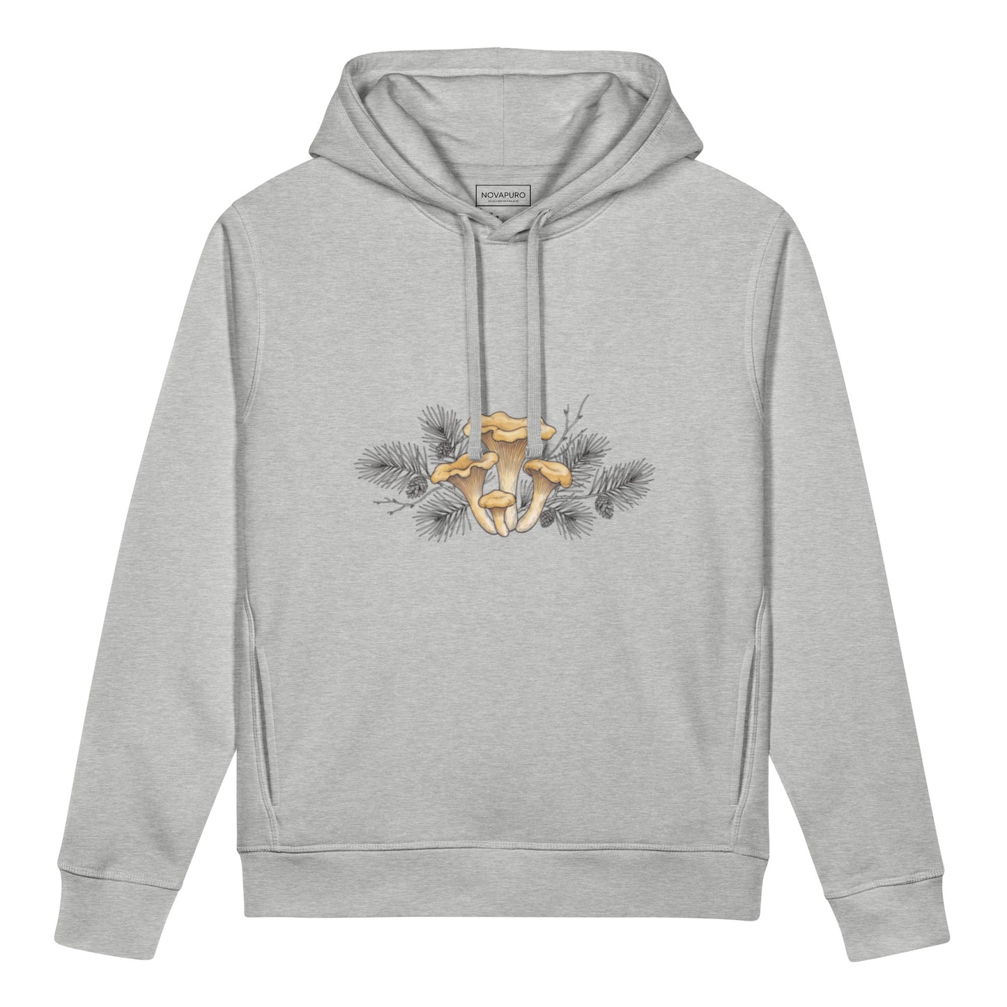 Light grey unisex organic cotton hoodie featuring a minimalist vintage-style botanical illustration of golden chanterelle mushrooms and pine needles.