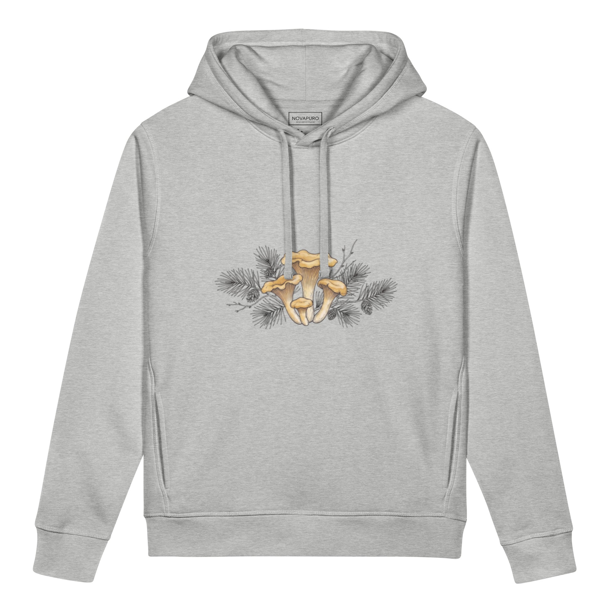 Light grey unisex organic cotton hoodie featuring a minimalist vintage-style botanical illustration of golden chanterelle mushrooms and pine needles.
