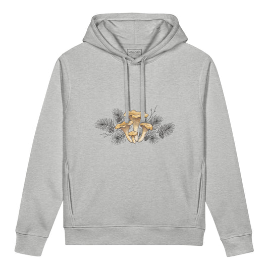 Light grey unisex organic cotton hoodie featuring a minimalist vintage-style botanical illustration of golden chanterelle mushrooms and pine needles.