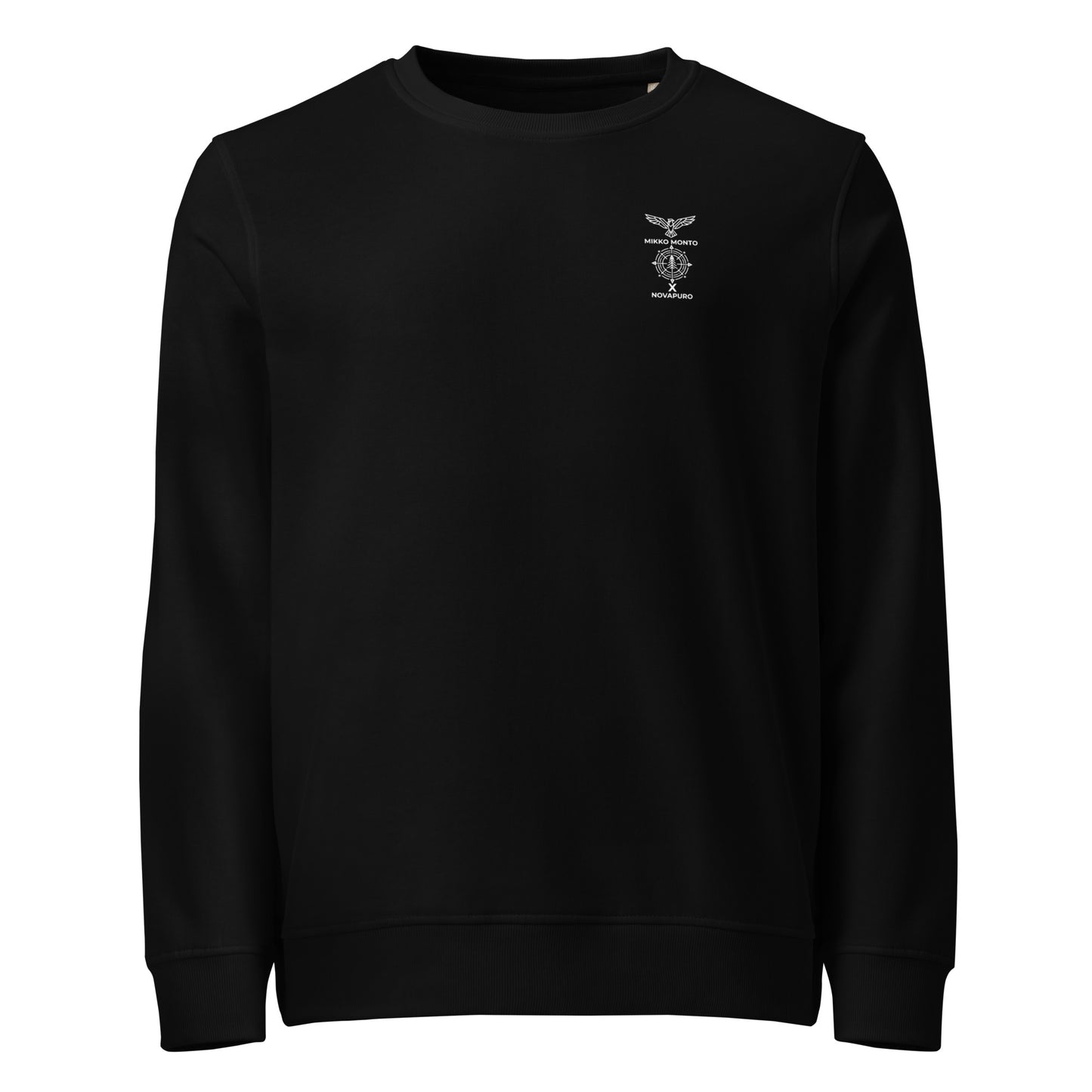 Back view of a black unisex organic sweatshirt by Novapuro featuring a majestic flying osprey wildlife photograph by Mikko Monto.