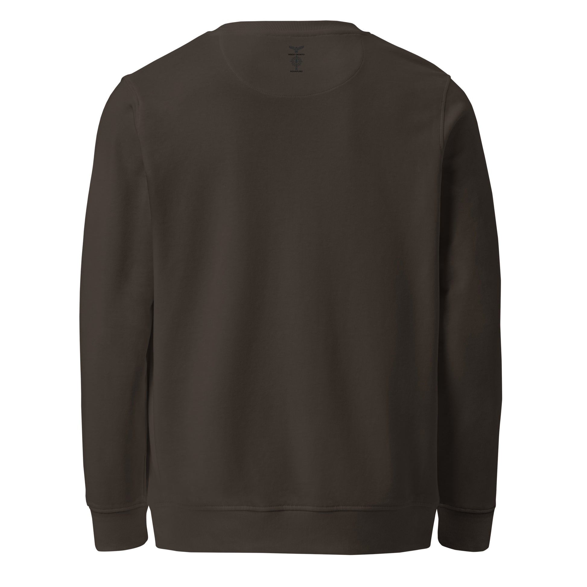 Back view of a brown organic sweatshirt from the Mikko Monto x Novapuro collection
