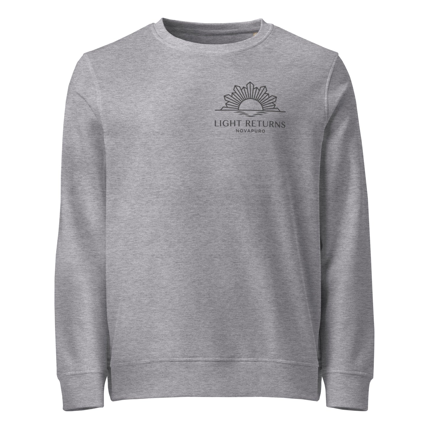 Minimalist sun graphic with 'Light Returns Novapuro' text on a grey or white eco-friendly organic cotton sweatshirt.