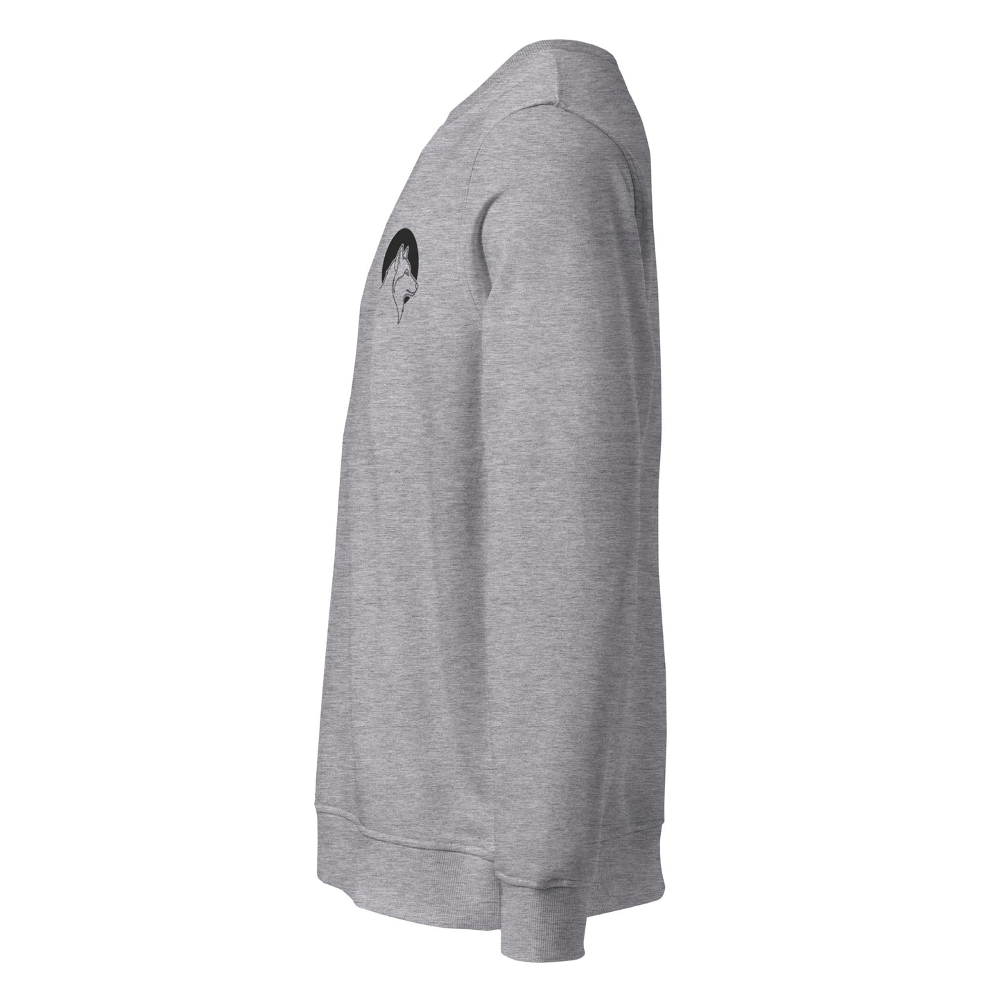 Side angle of a grey eco-friendly organic sweatshirt highlighting the clean minimalist wolf line art chest logo.
